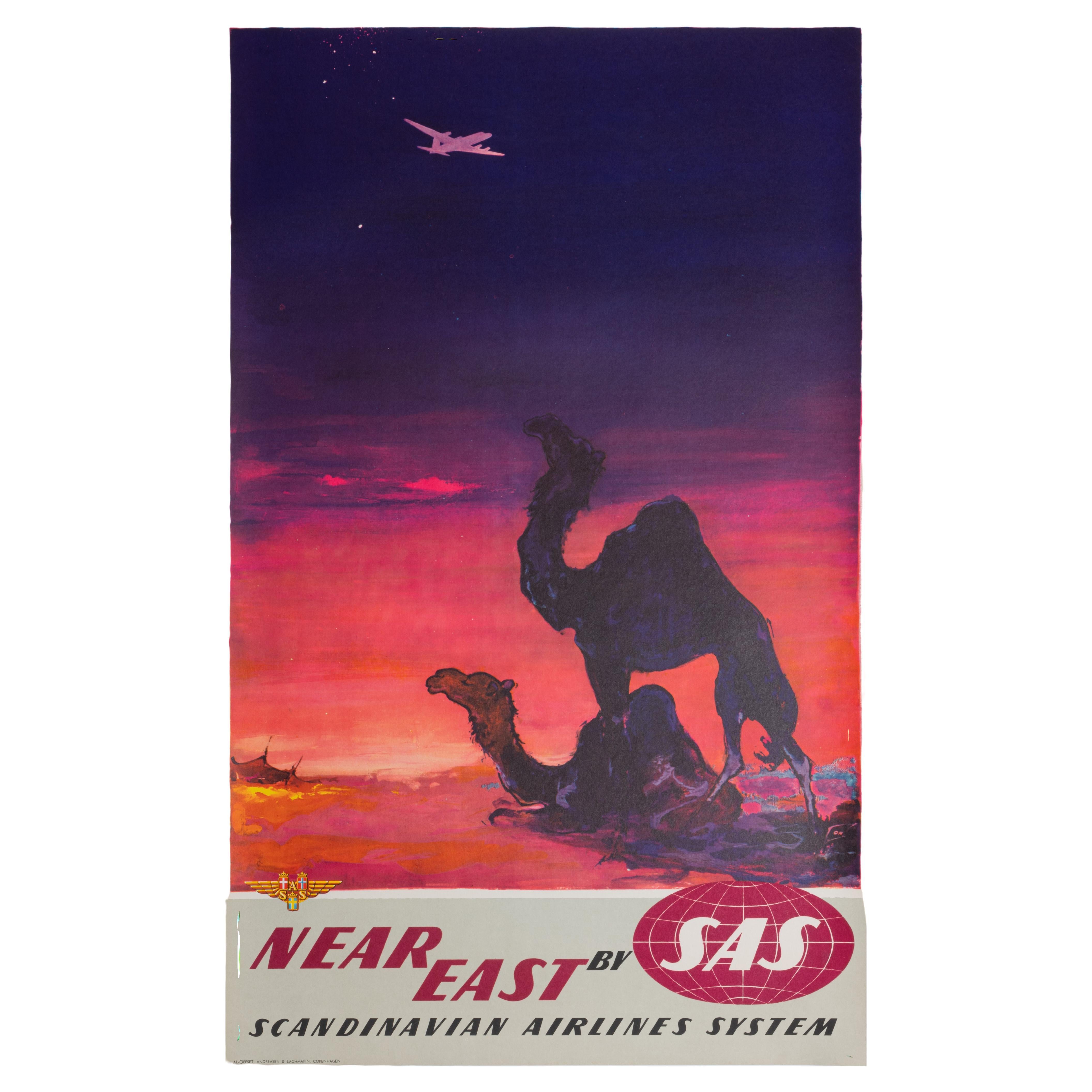 Affiche de voyage originale Near East Fly SAS Airline, Aviation, Camel 1960 en vente