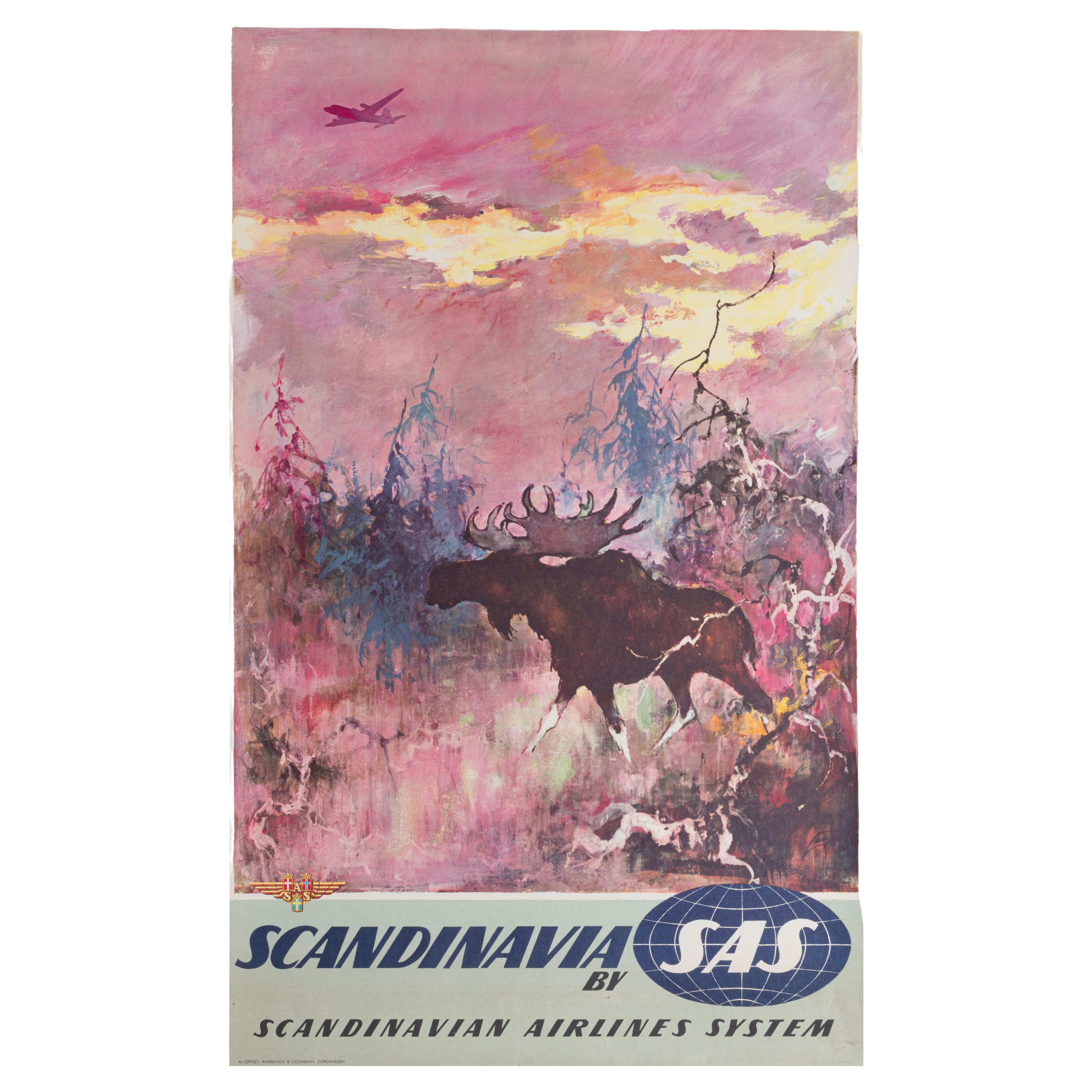 Affiche de voyage originale scandinave, Fly SAS Airline Aviation Moose 1960 en vente