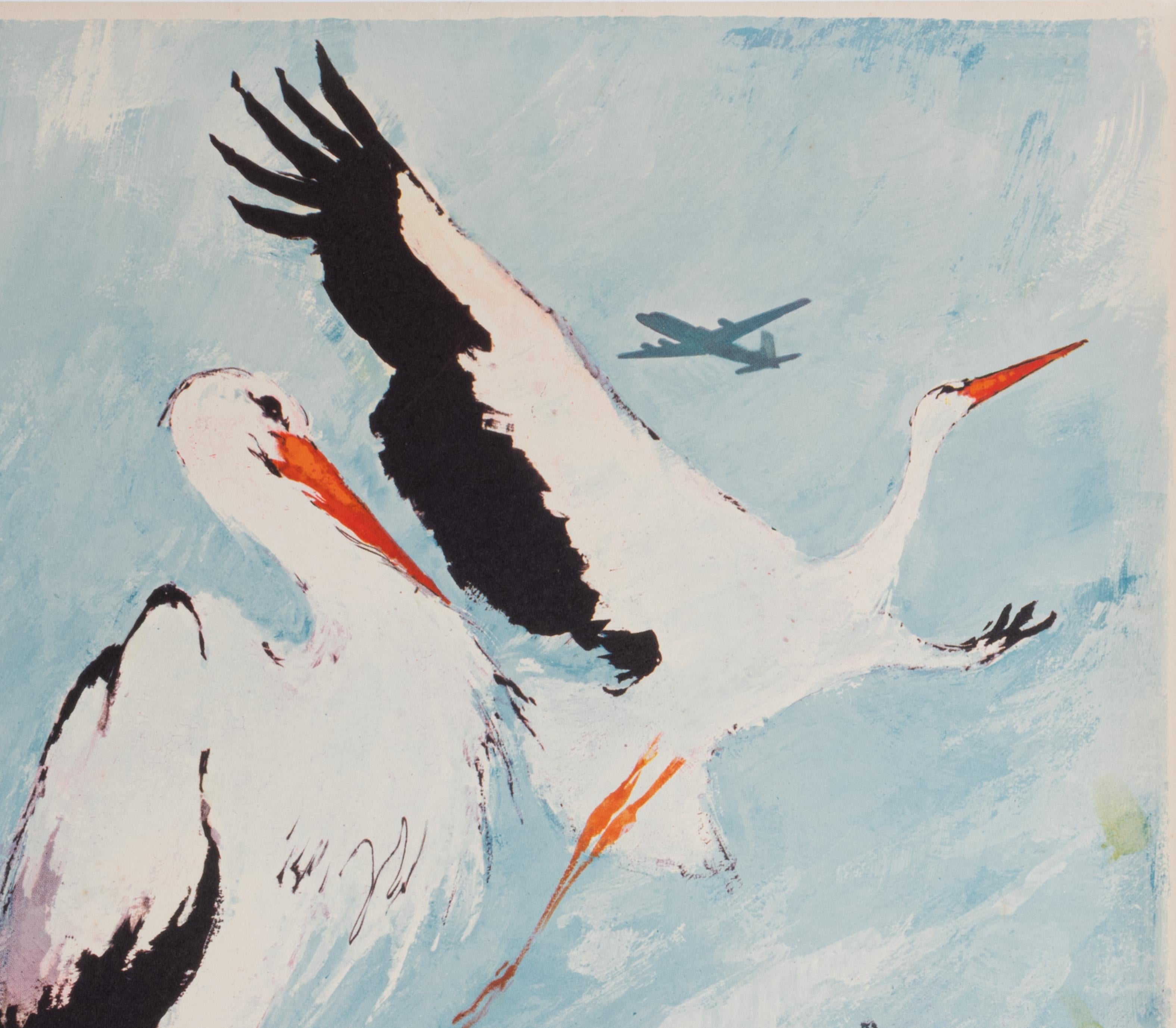 Mid-Century Modern Affiche de voyage originale de Scandinavia Fly SAS Airline Aviation Stork, 1960 en vente