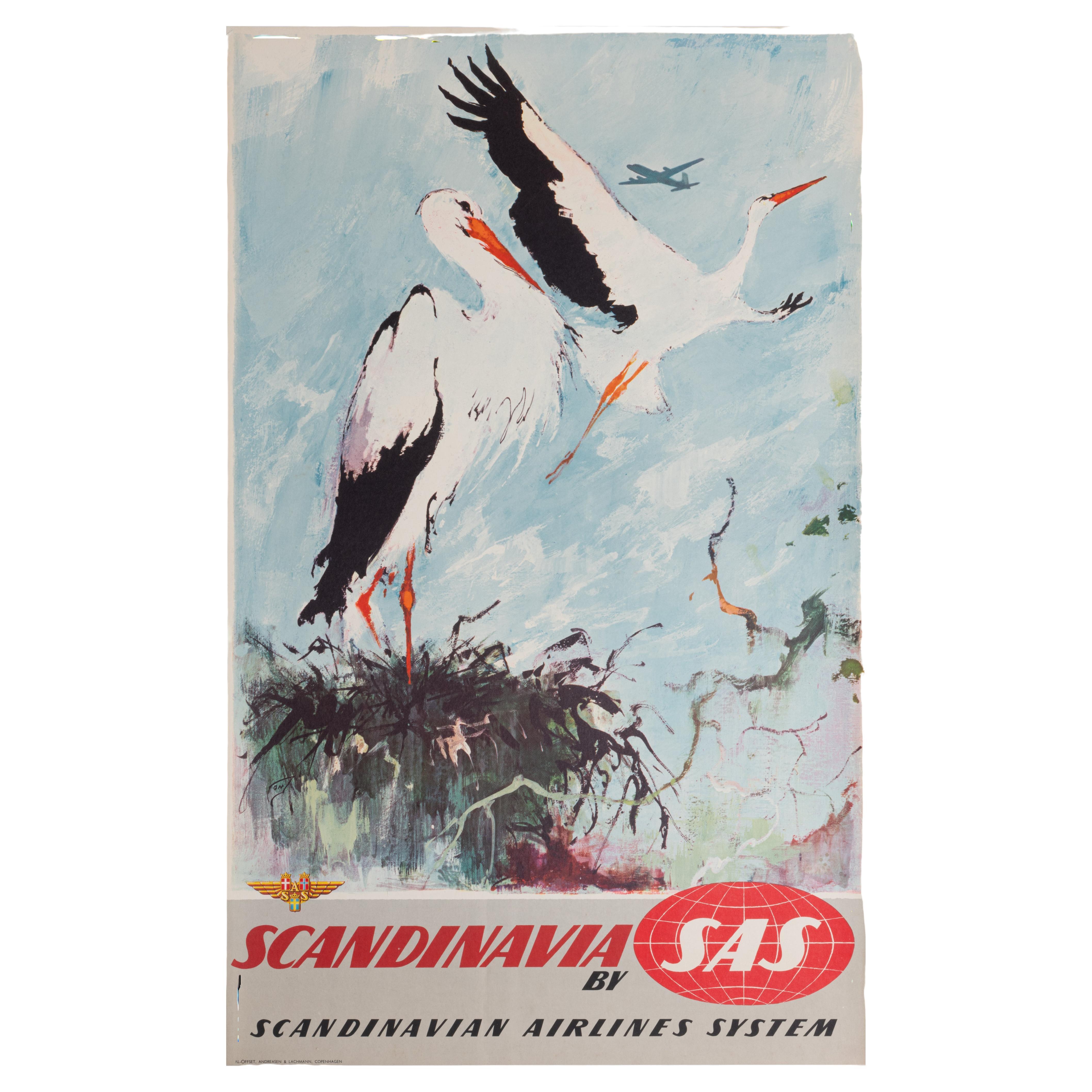 Affiche de voyage originale de Scandinavia Fly SAS Airline Aviation Stork, 1960 en vente