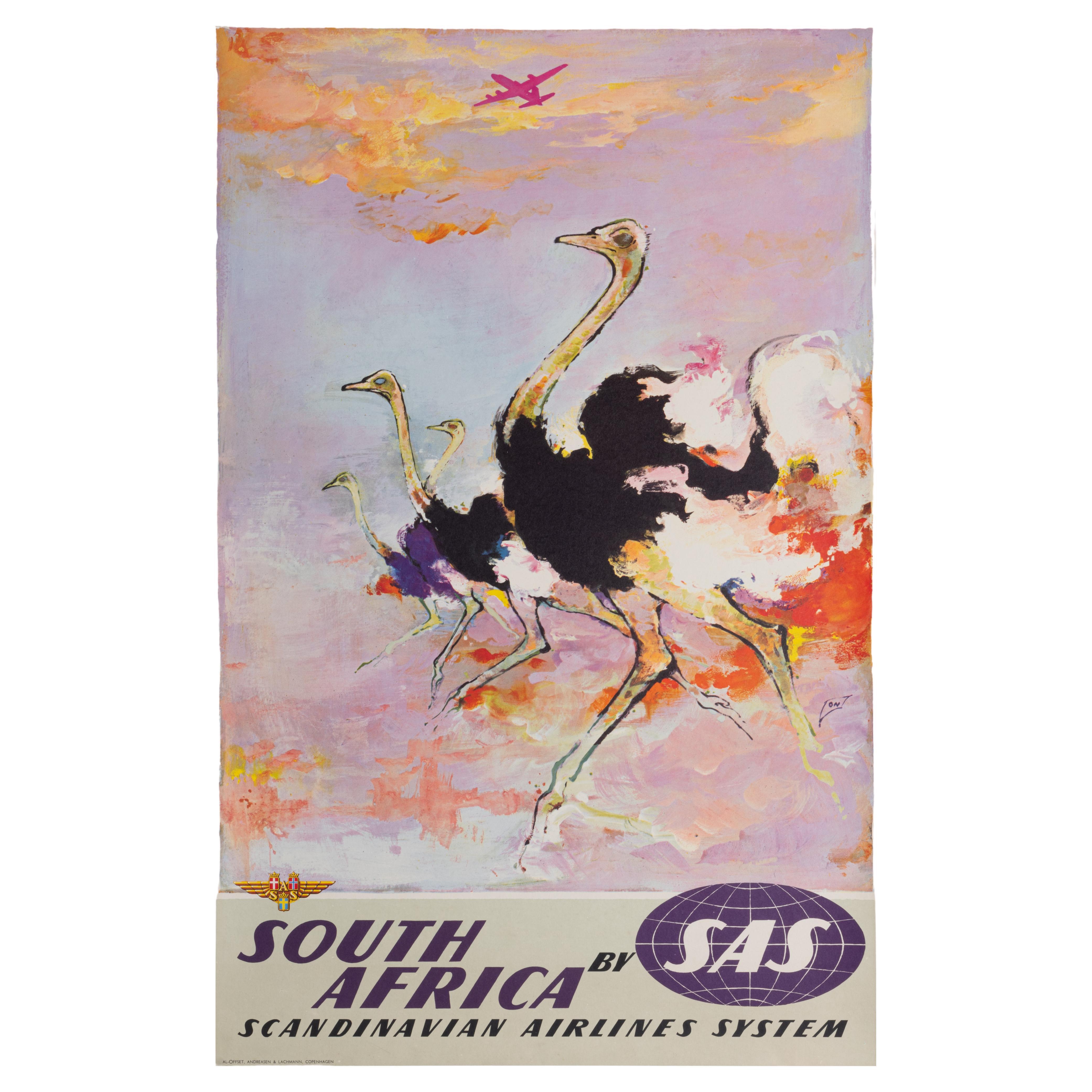 Affiche de voyage originale, Afrique du Sud, SAS Airline Aviation Ostrich 1960 en vente