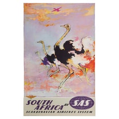 Affiche de voyage originale, Afrique du Sud, SAS Airline Aviation Ostrich 1960