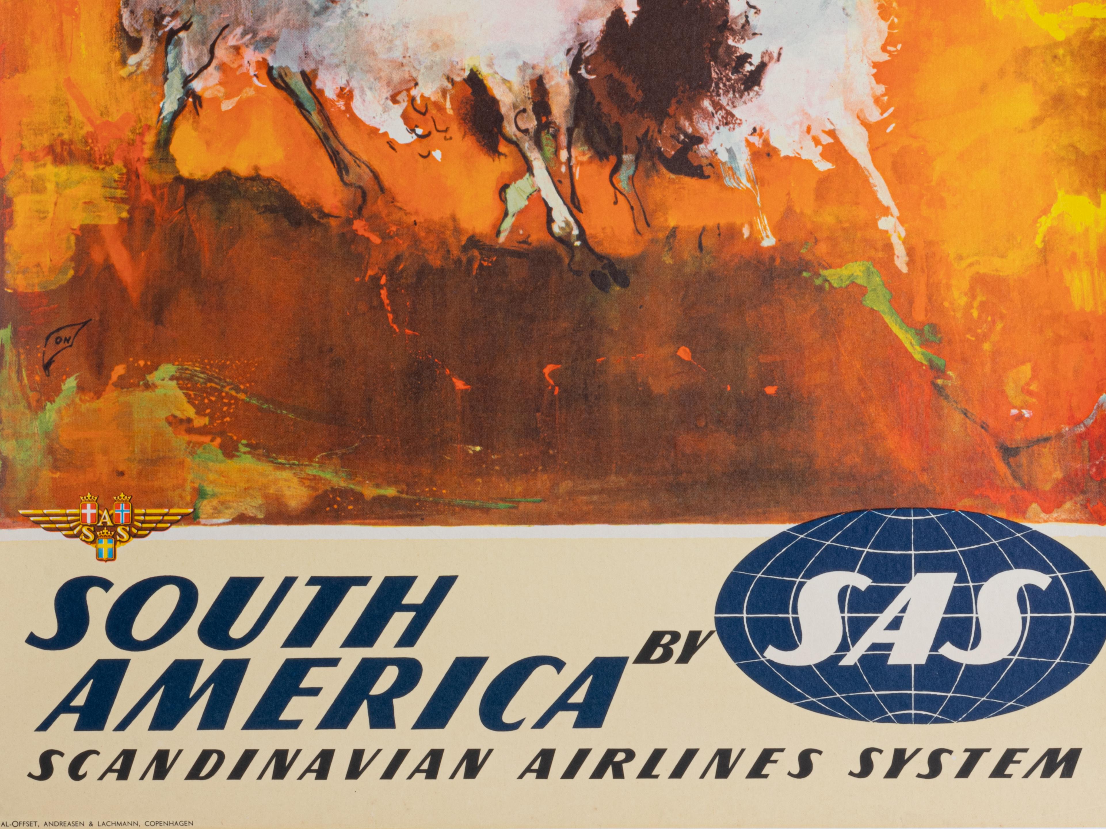 Scandinavian advertising poster for SAS to promote tourism in Southern America.

Artist: Otto Nielsen (1916 - 2000)
Title: South America by SAS
Date: 1960
Size (w x h): 24.8 x 39.2 in / 63 x 99.6 cm
Printer: Al-Offset, Andreasen ans Lachmann,