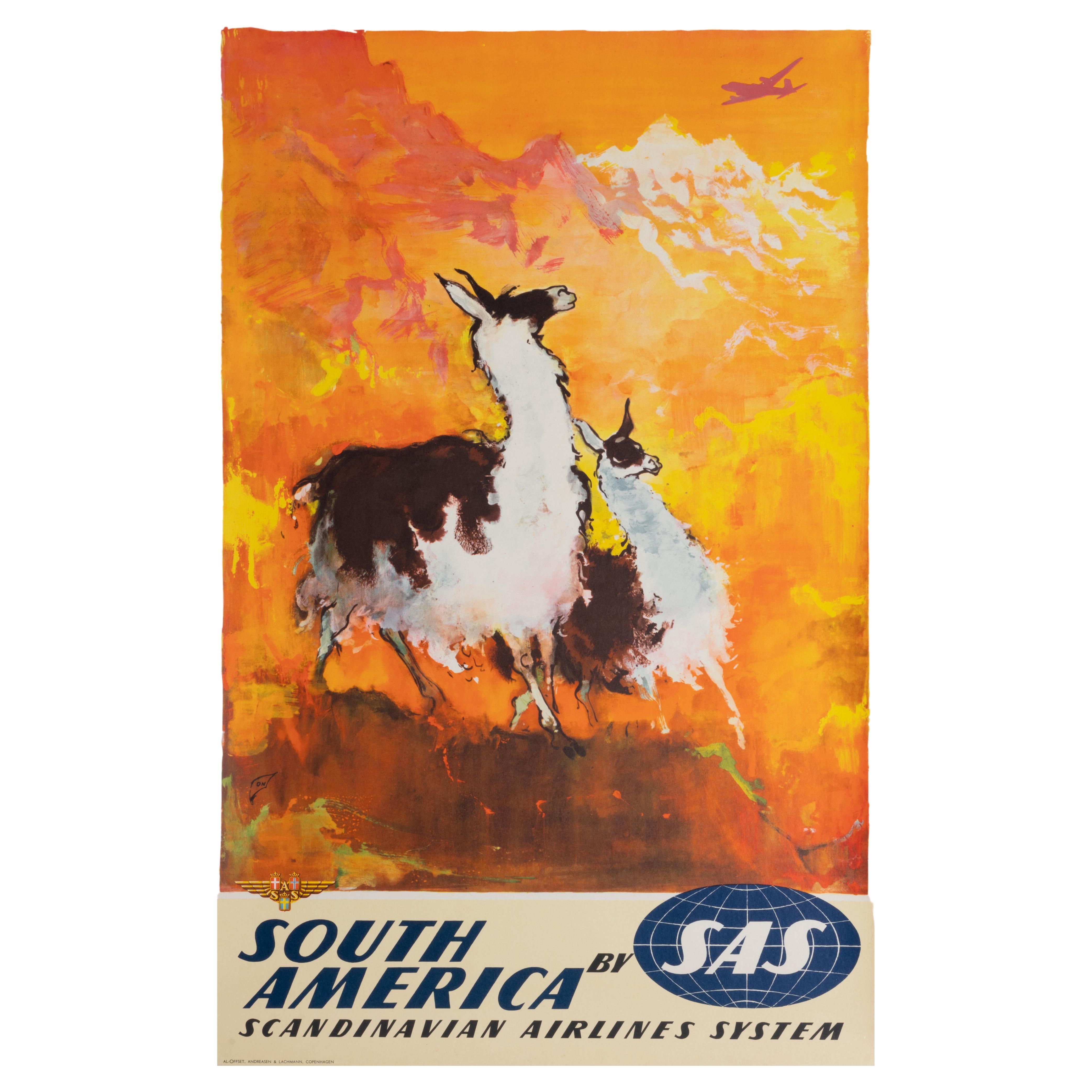 Affiche de voyage originale, Amérique du Sud, Aviation SAS Airline, Llama 1960