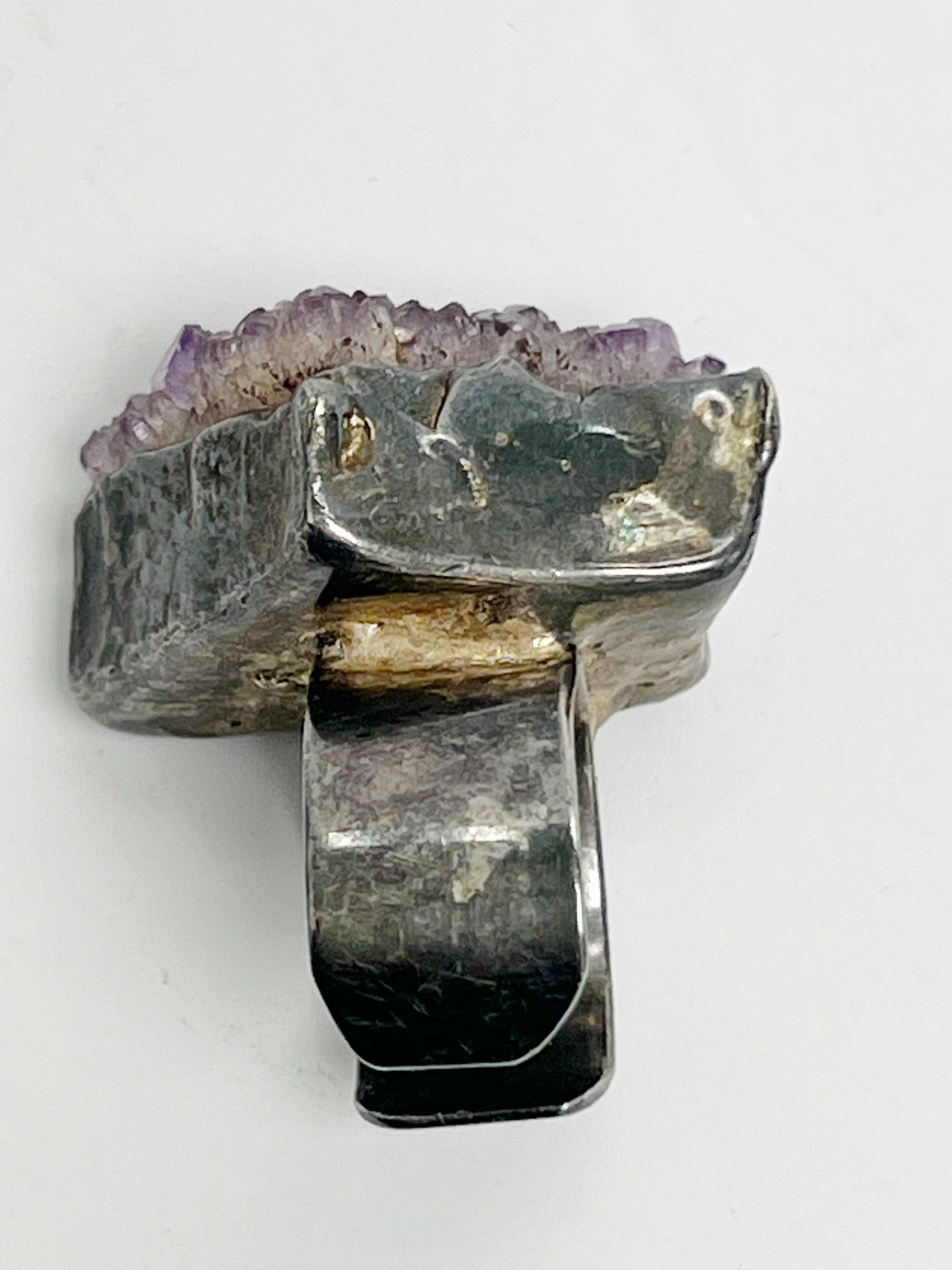 Nielsen Sterling Amethist Brutalist Mid Century Ring (bague du milieu du siècle) en vente 4