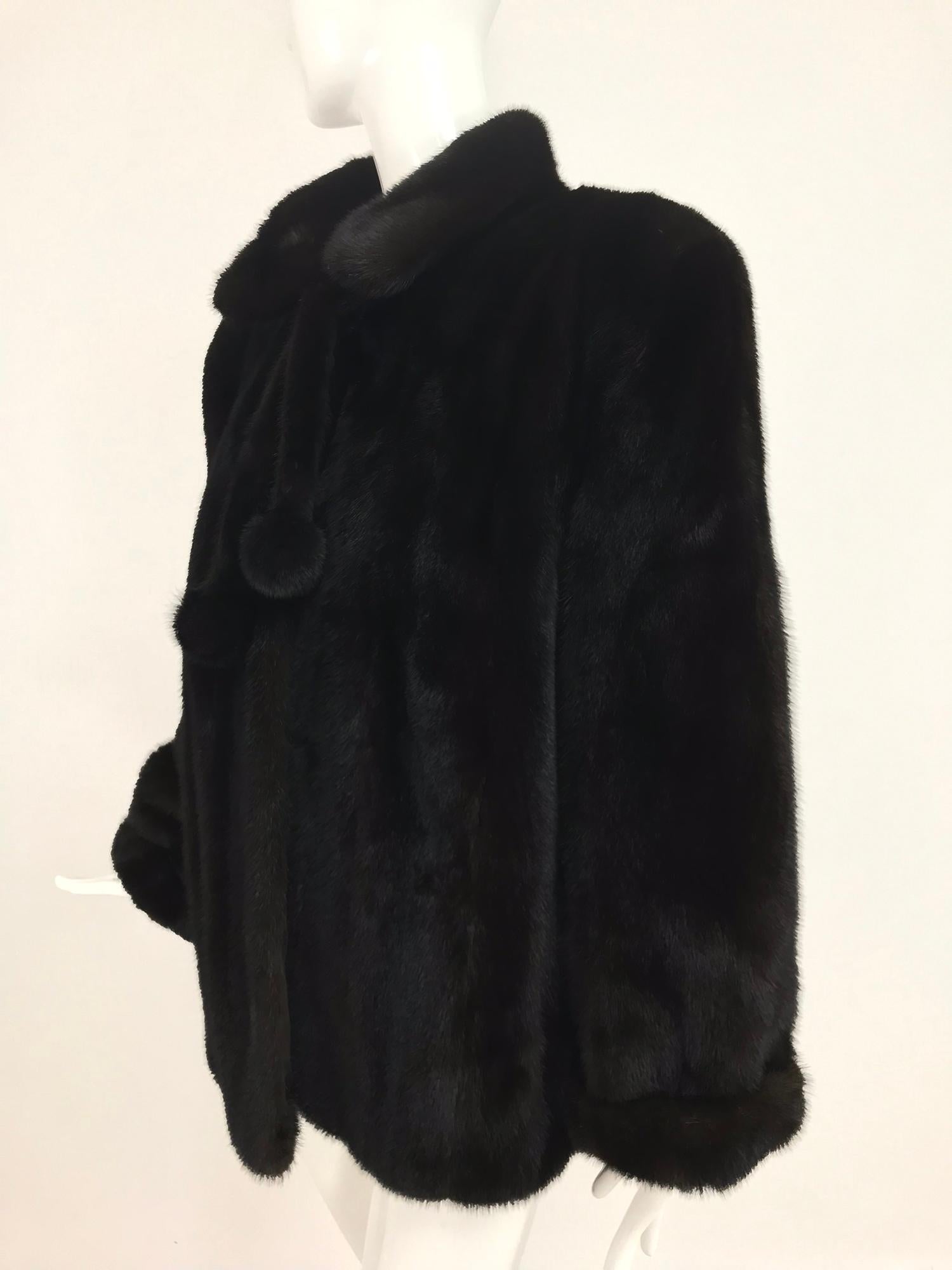 Nieman Marcus Black Mink Fur Jacket with Pom Pom Ties In Excellent Condition In West Palm Beach, FL