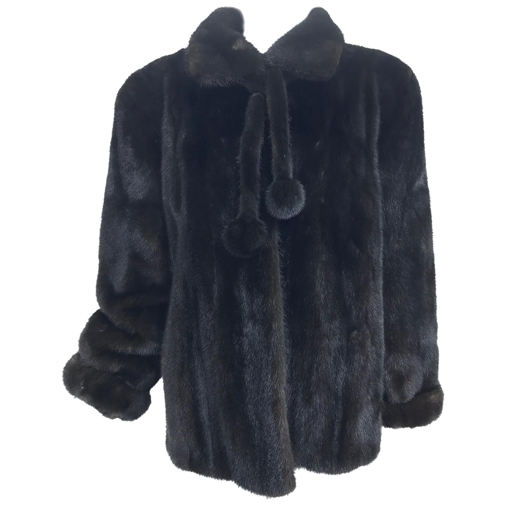 Nieman Marcus Black Mink Fur Jacket with Pom Pom Ties