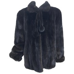 Nieman Marcus Black Mink Fur Jacket with Pom Pom Ties