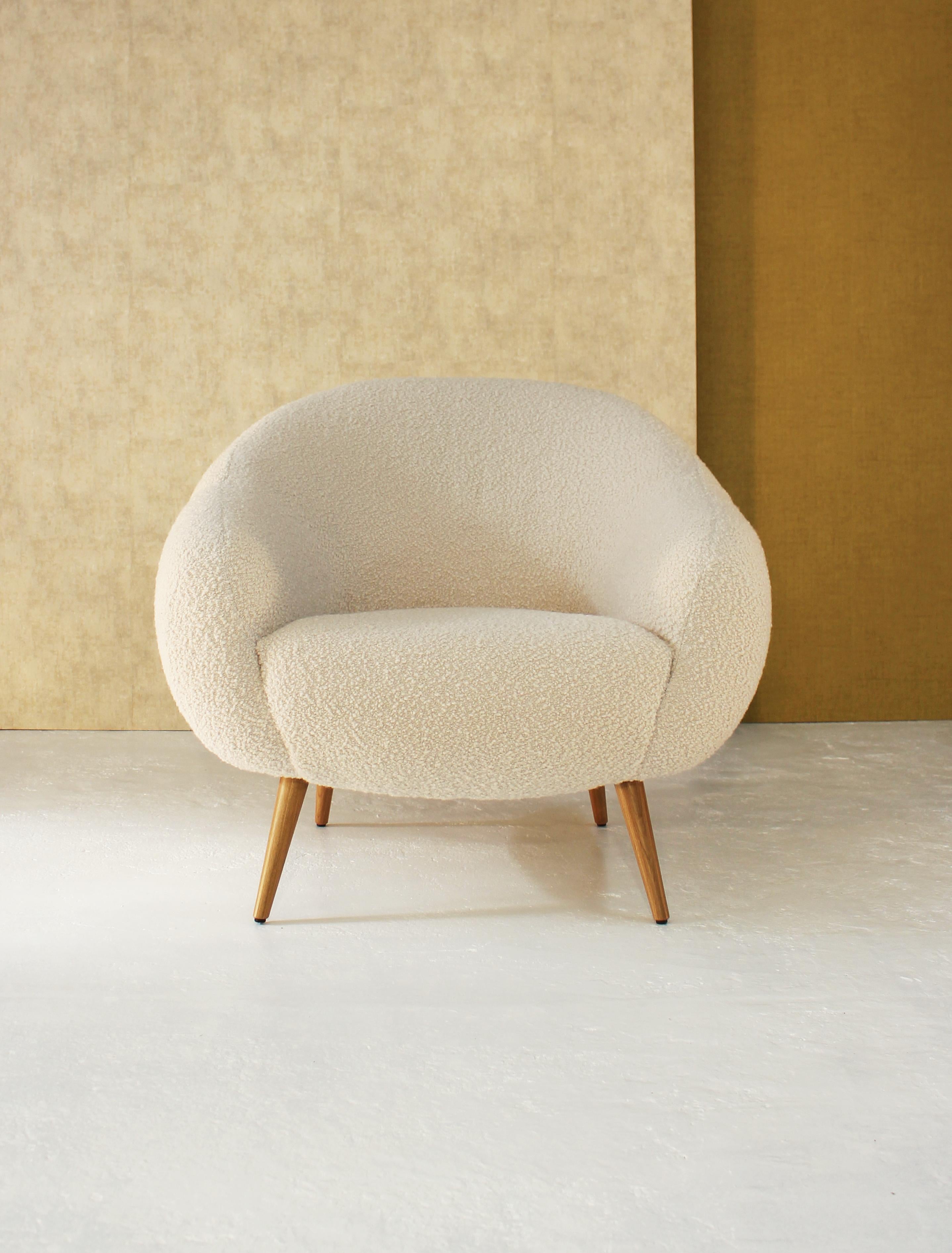 Portuguese Niemeyer Armchair, Bouclé and Oak, Insidherland by Joana Santos Barbosa For Sale