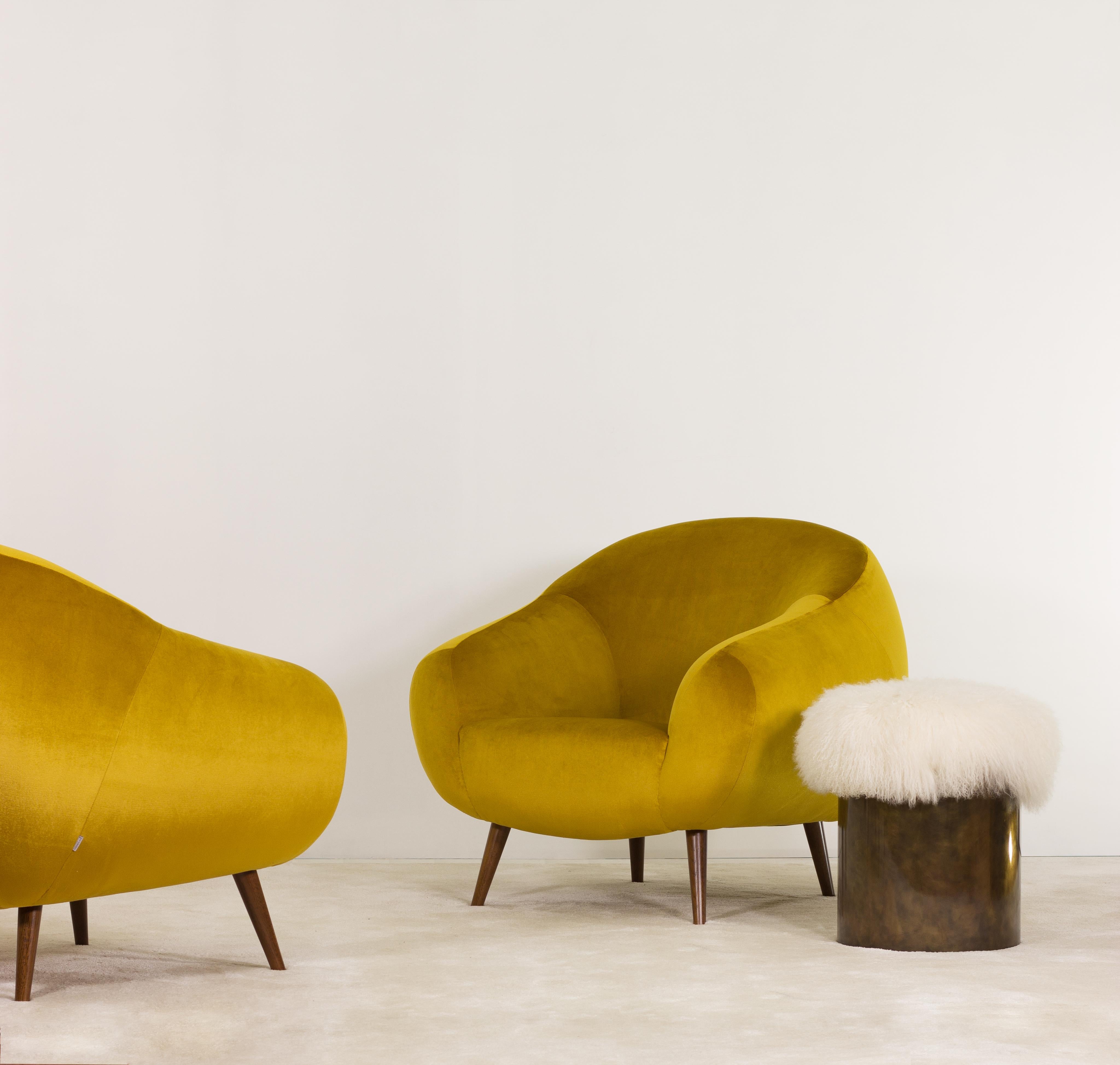 Woodwork Niemeyer Armchair, Velvet and Brown Oak, Insidherland by Joana Santos Barbosa For Sale