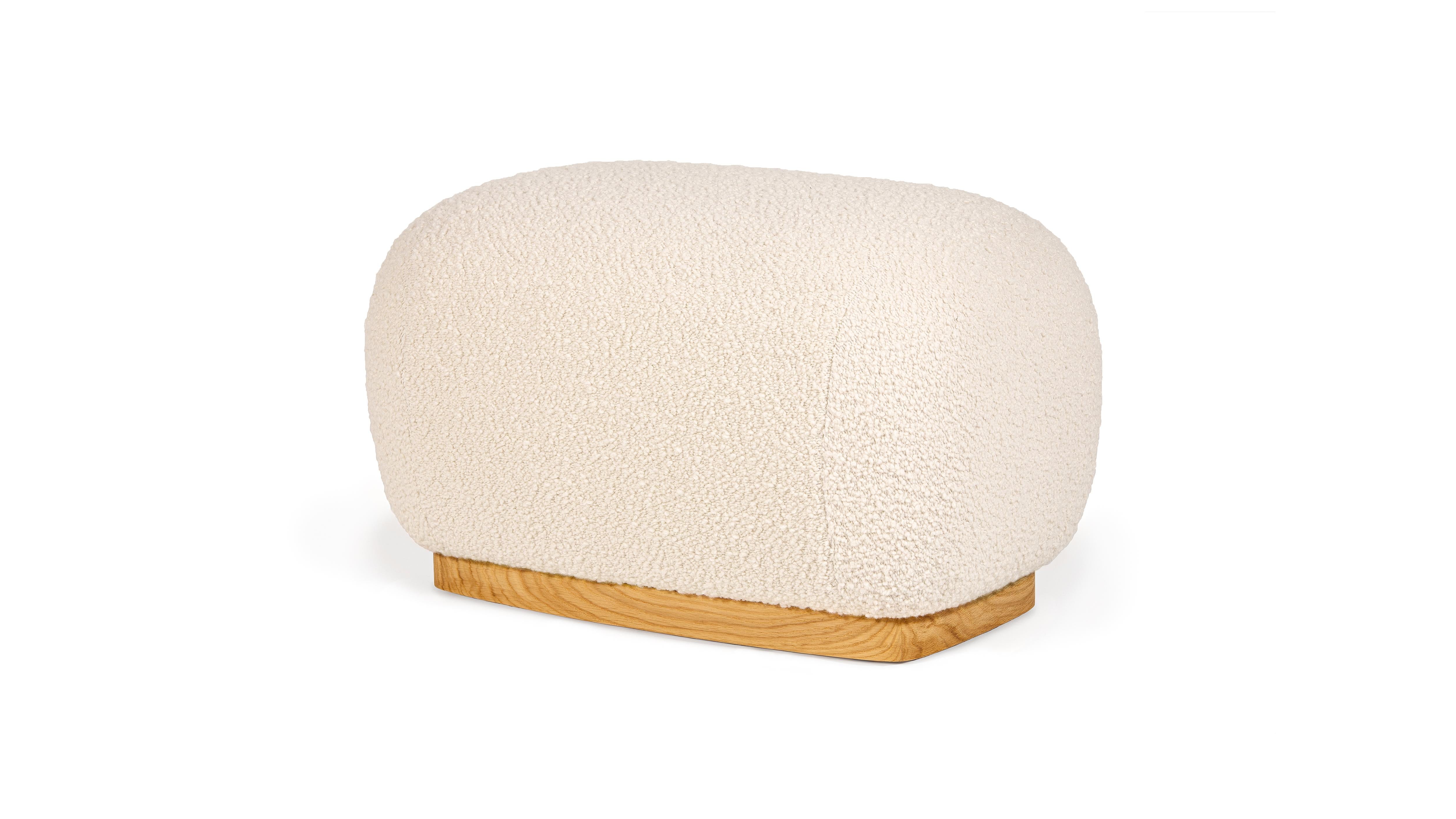 Niemeyer II Stool by InsidherLand
Dimensions: D 45 x W 70 x H 42 cm.
Materials: Oak, InsidherLand Woollen Ref. 1 fabric.
15 kg.
Available in different fabrics.

The Niemeyer II stool is a curvy seating, designed to complement the rounded shapes of