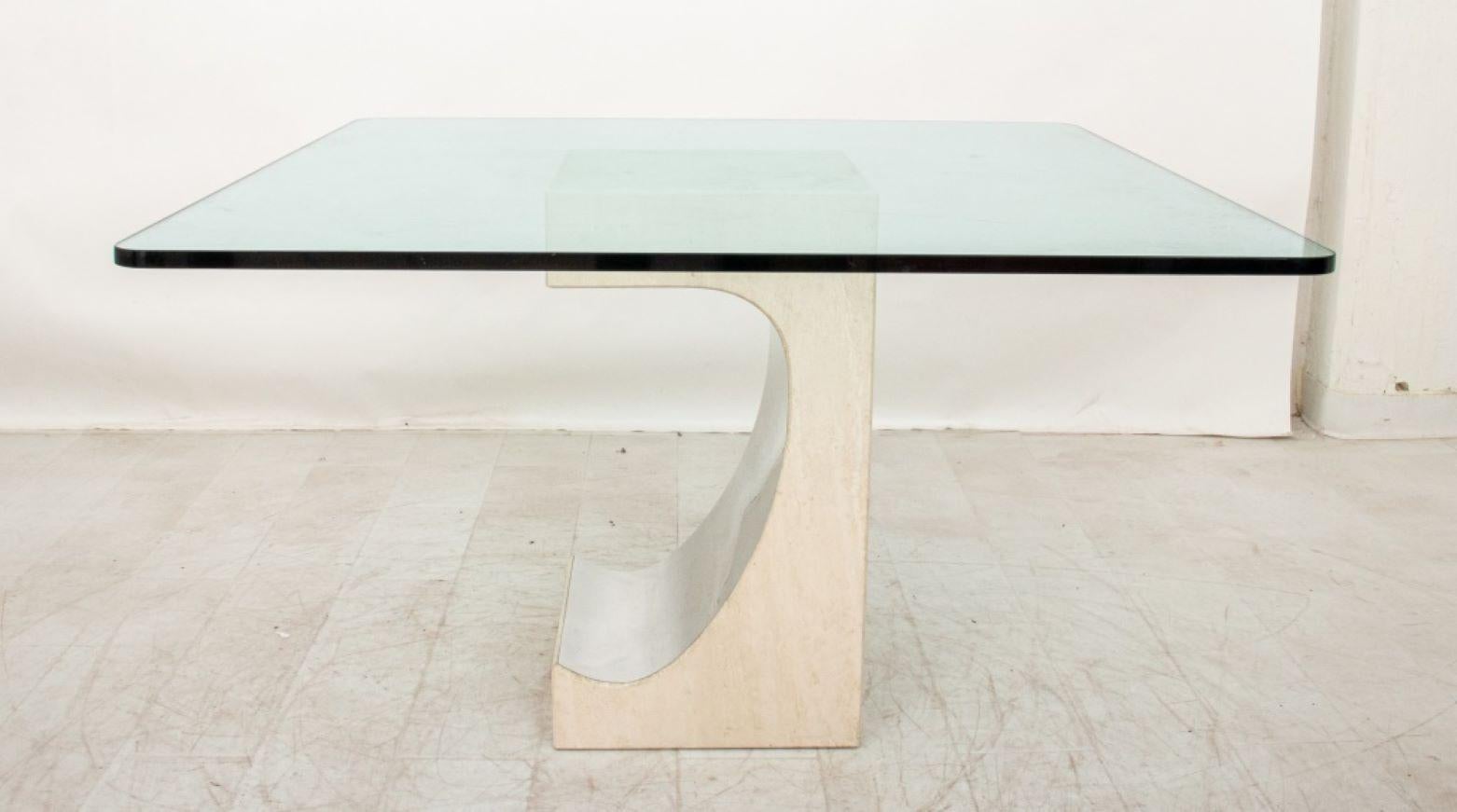 Glass Niemeyer Style Travertine & Chrome Dining Table For Sale