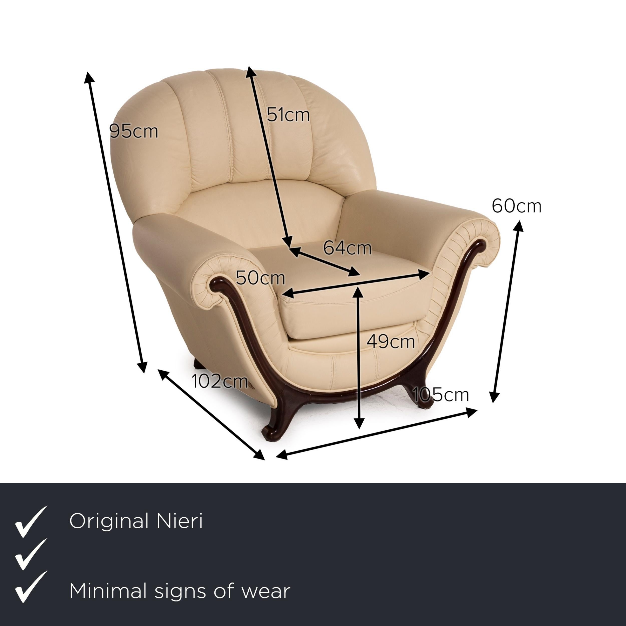 We present to you a Nieri leather armchair cream wood.

Product measurements in centimeters:

Depth 102
Width 105
Height 95
Seat height 49
Rest height 60
Seat depth 64
Seat width 50
Back height 51.
 
 
  