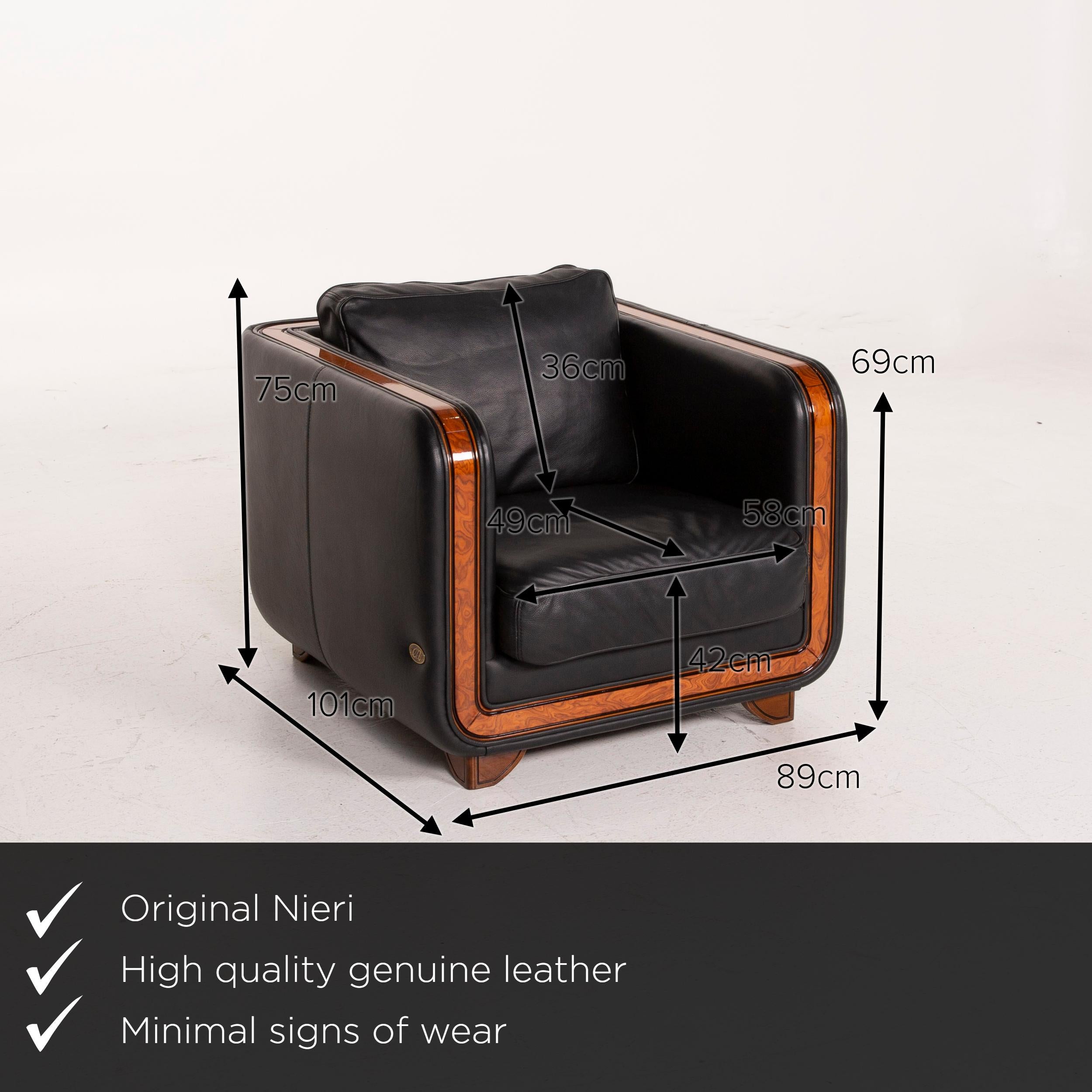 We present to you a Nieri leather armchair set black stool.

 

 Product measurements in centimeters:
 

Depth 101
Width 89
Height 75
Seat height 42
Rest height 69
Seat depth 49
Seat width 58
Back height 36.