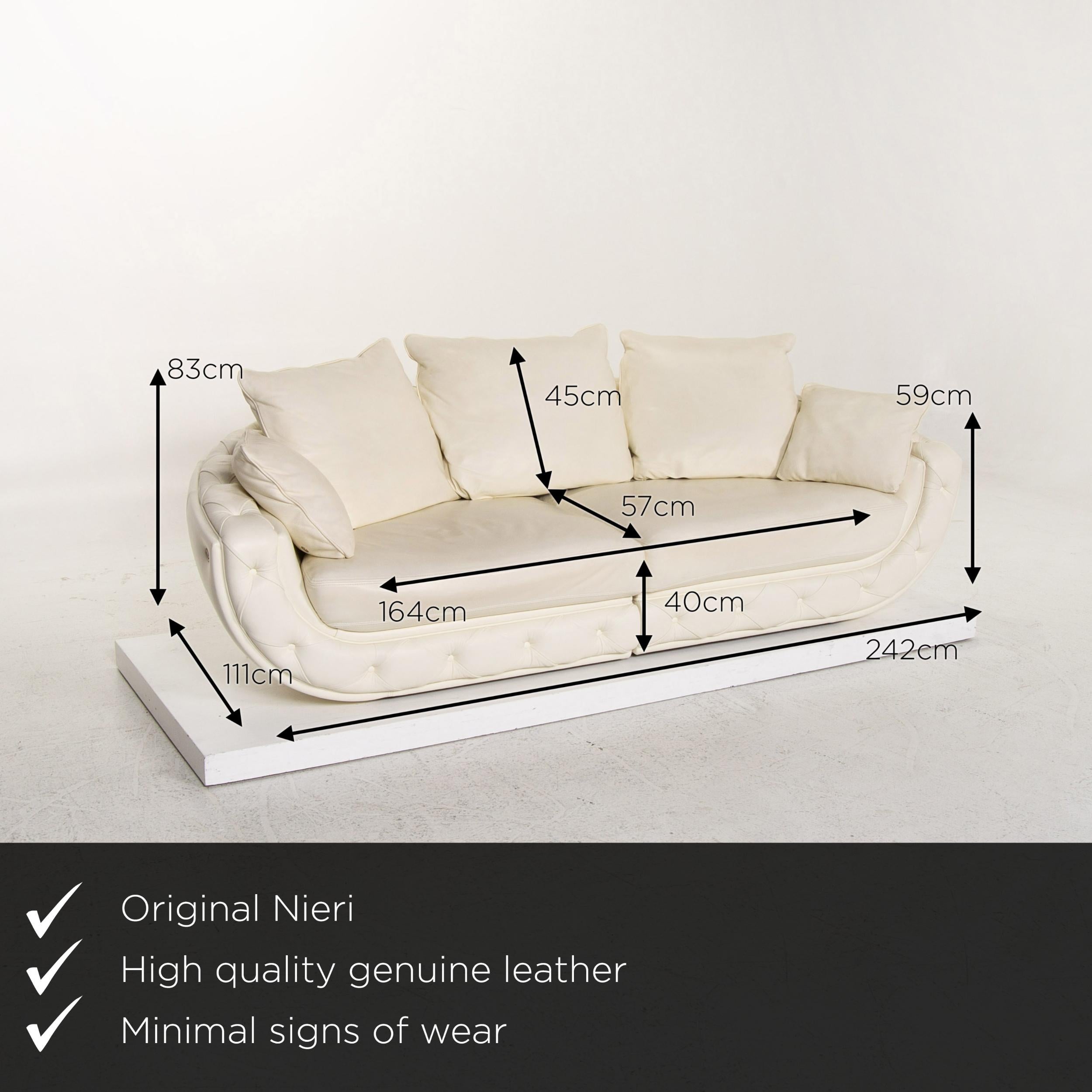 We present to you a Nieri leather sofa cream four-seat couch.

 

 Product measurements in centimeters:
 

Depth 111
Width 242
Height 83
Seat height 40
Rest height 59
Seat depth 57
Seat width 164
Back height 45.