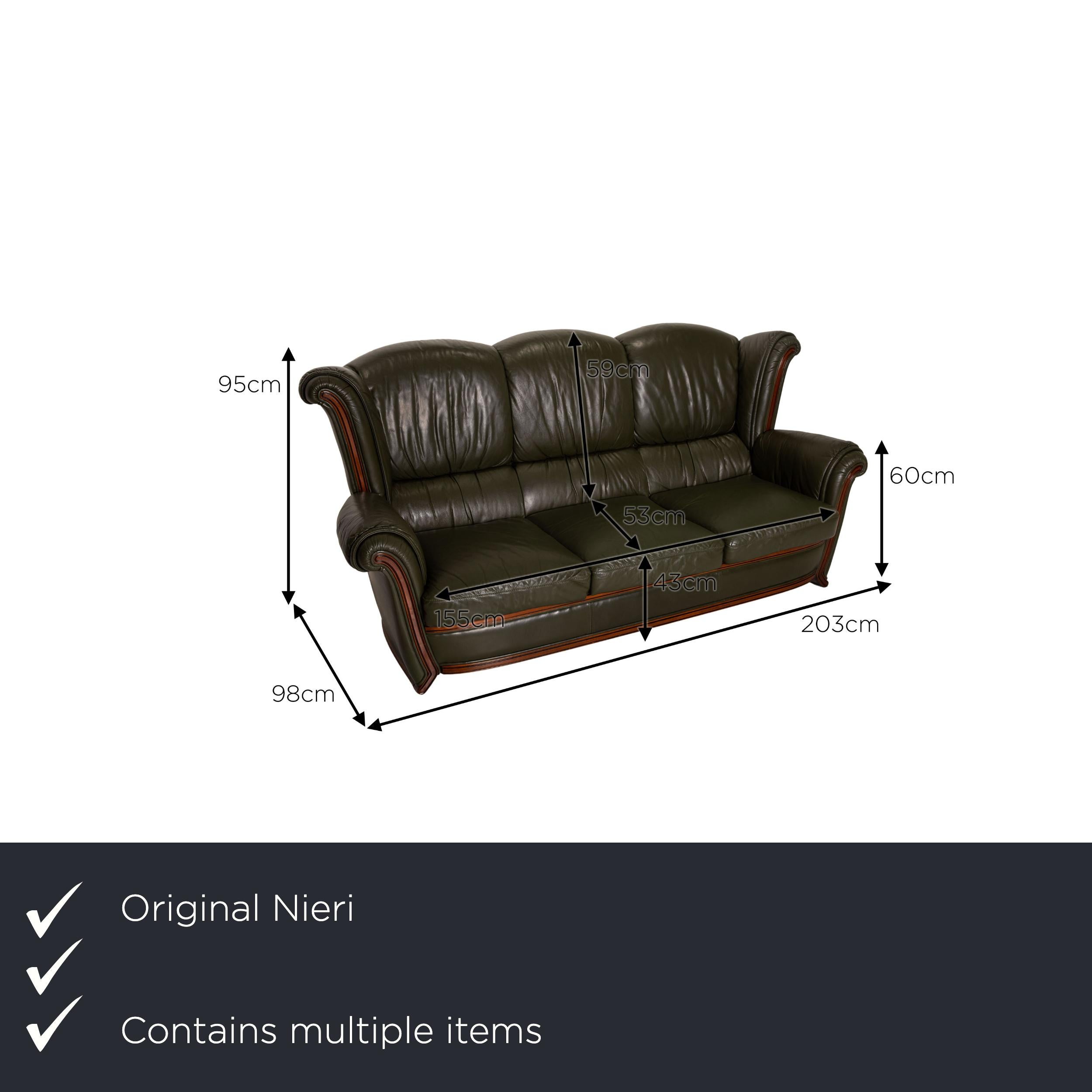We present to you a Nieri leather sofa set dark green three-seater two-seater couch.

Product measurements in centimeters:

depth: 98
width: 203
height: 95
seat height: 43
rest height: 60
seat depth: 53
seat width: 155
back height: