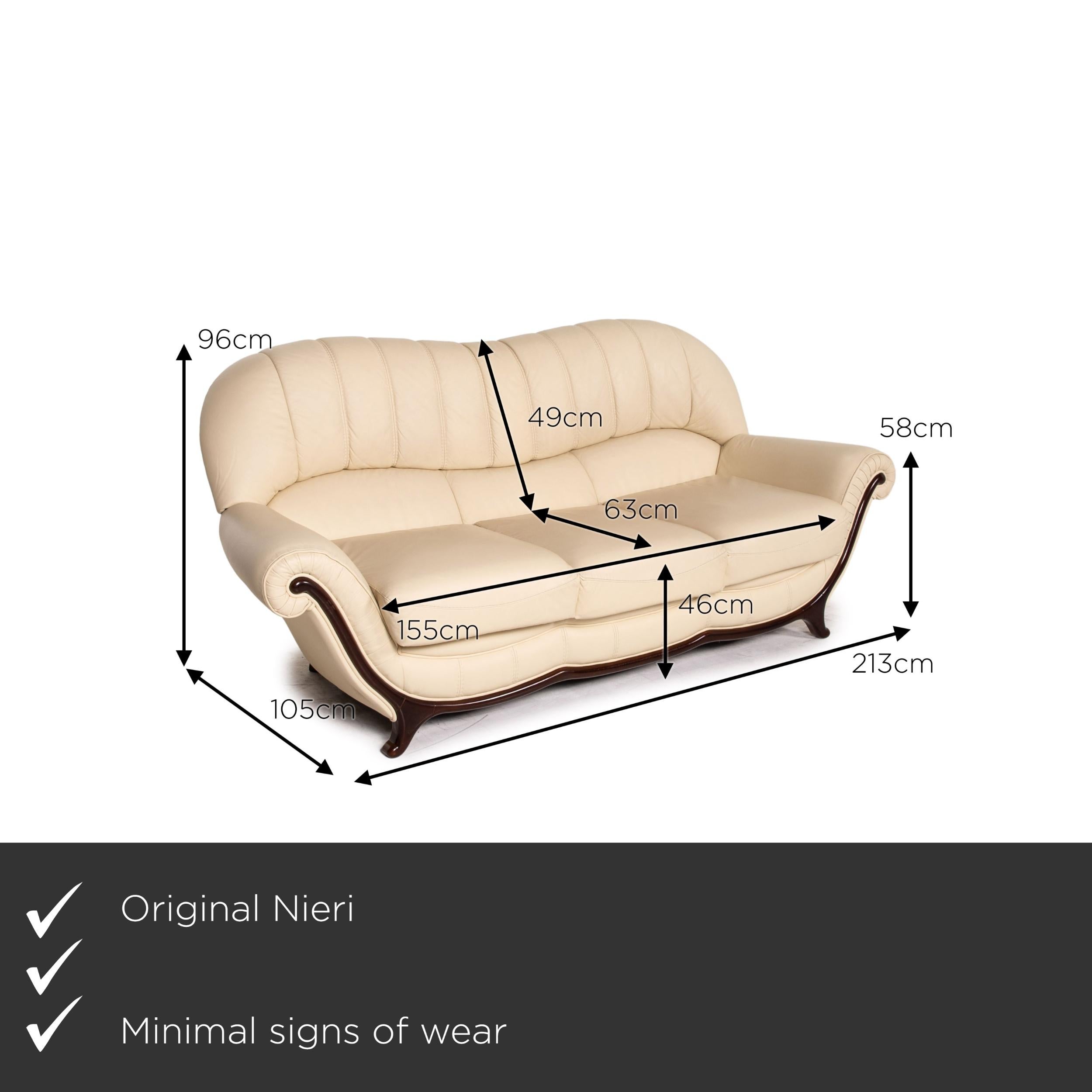 We present to you a Nieri leather wood sofa cream three-seater couch.


 Product measurements in centimeters:
 

Depth: 105
Width: 213
Height: 96
Seat height: 46
Rest height: 58
Seat depth: 63
Seat width: 155
Back height: 49.
 