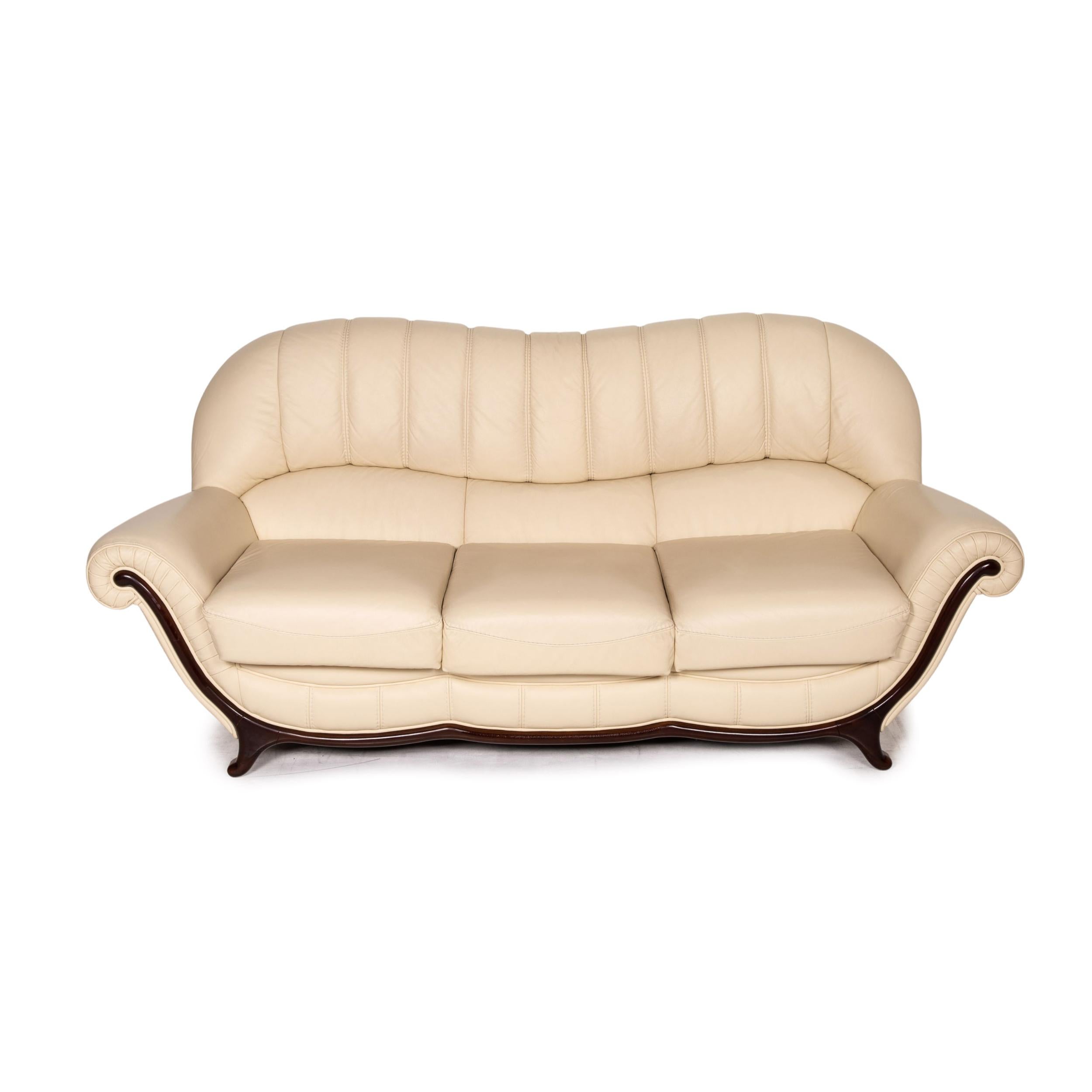 Contemporary Nieri Leather Wood Sofa Cream Three-Seater Couch For Sale