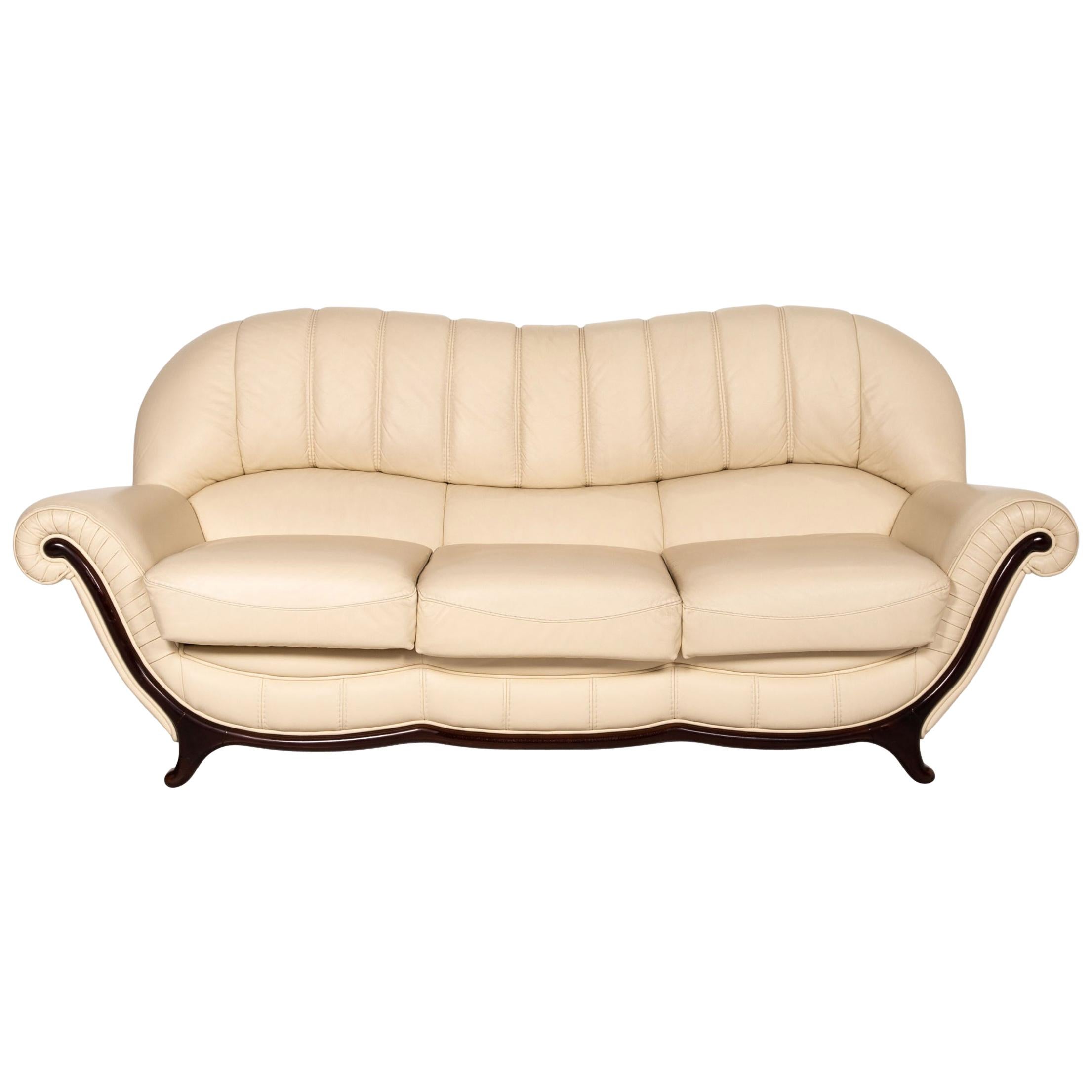 Nieri Leather Wood Sofa Cream Three-Seater Couch For Sale