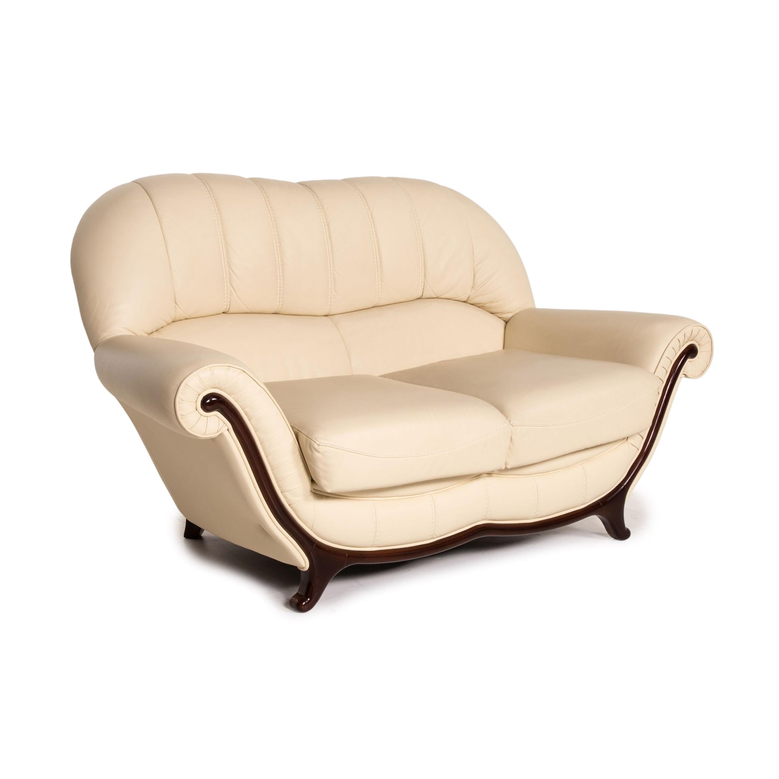 Contemporary Nieri Leather Wood Sofa Cream Two-Seater Couch For Sale