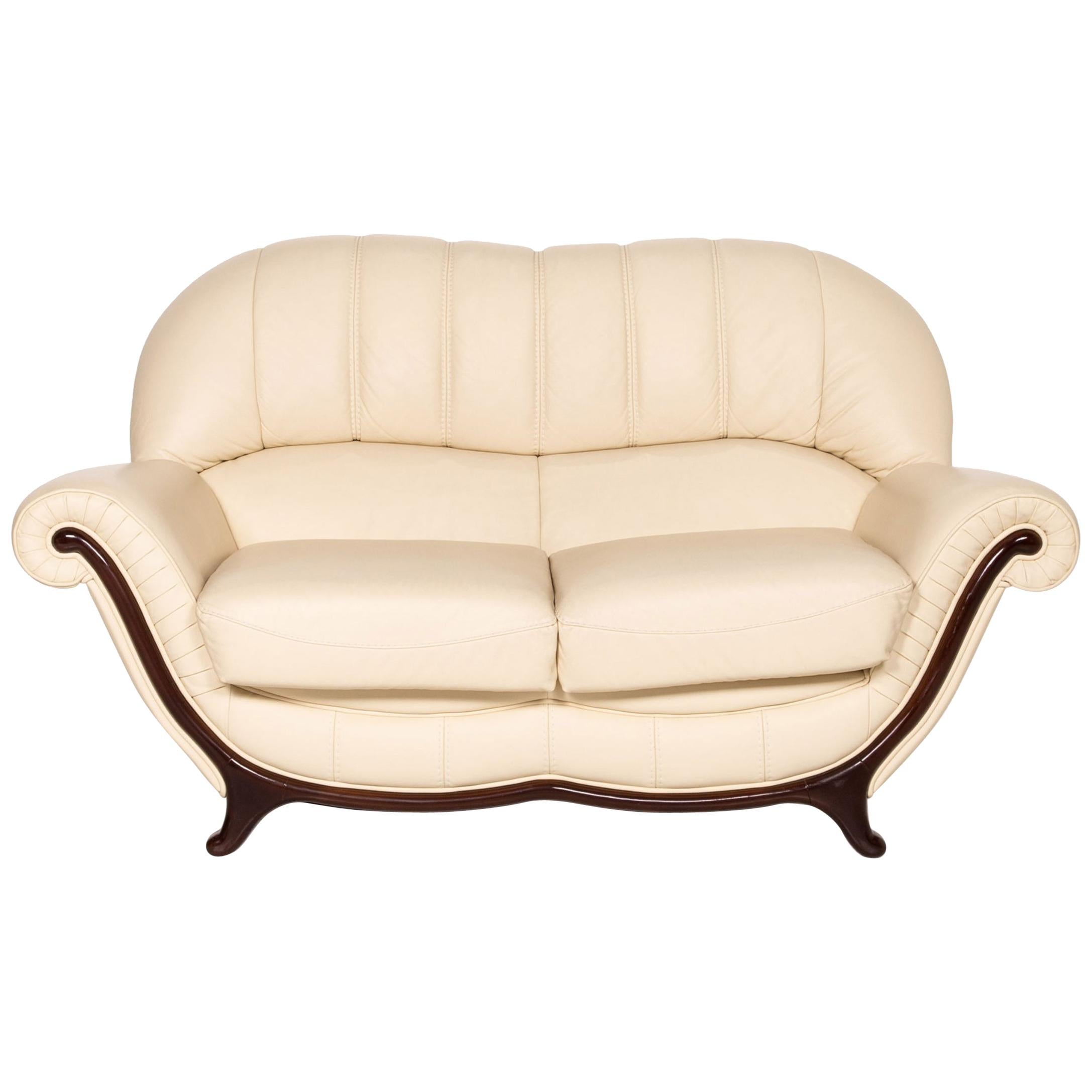 Nieri Leather Wood Sofa Cream Two-Seater Couch For Sale