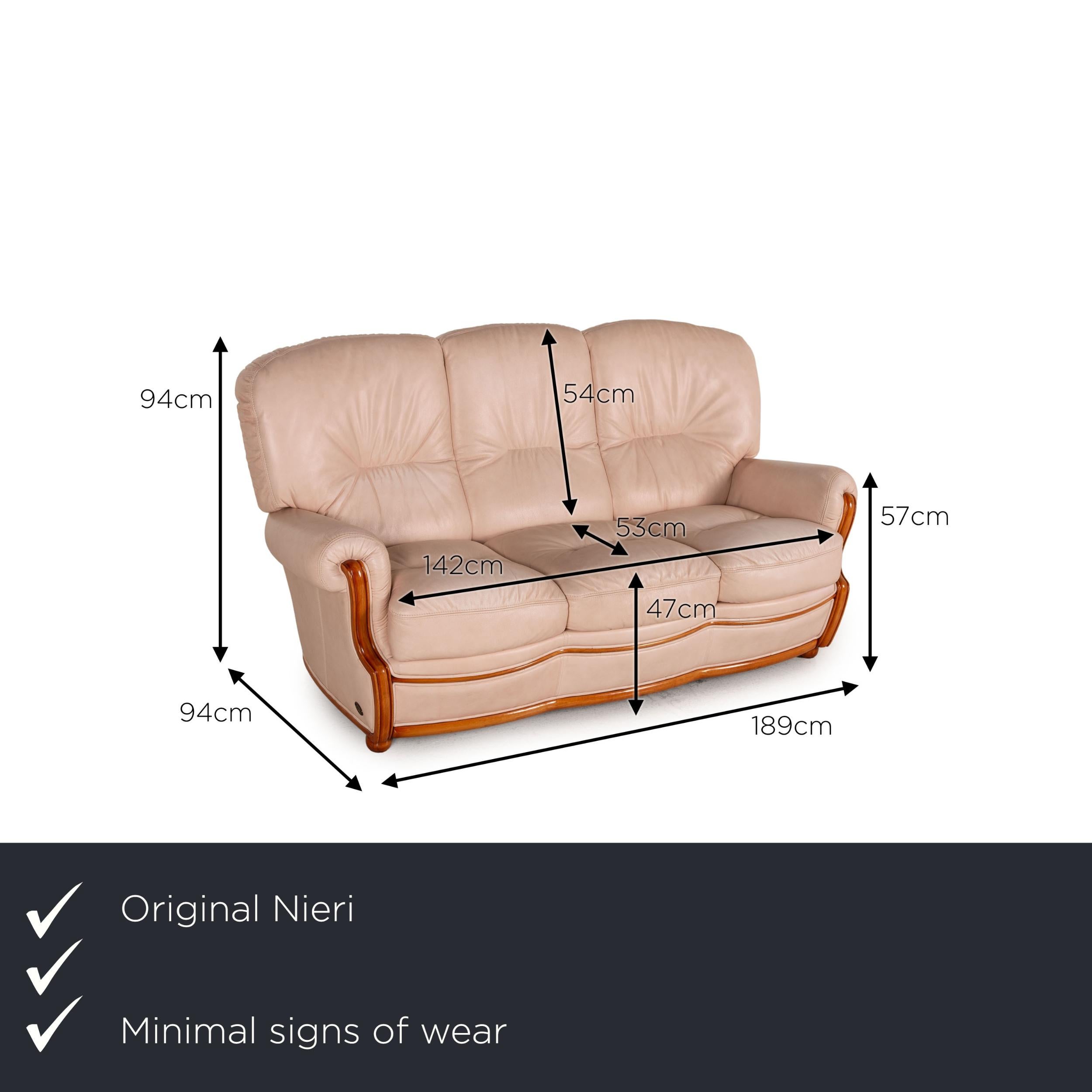 We present to you a Nieri Nevada leather sofa cream three seater couch.
 

 Product measurements in centimeters:
 

Depth: 94
Width: 189
Height: 94
Seat height: 47
Rest height: 57
Seat depth: 53
Seat width: 142
Back height: 54.
   