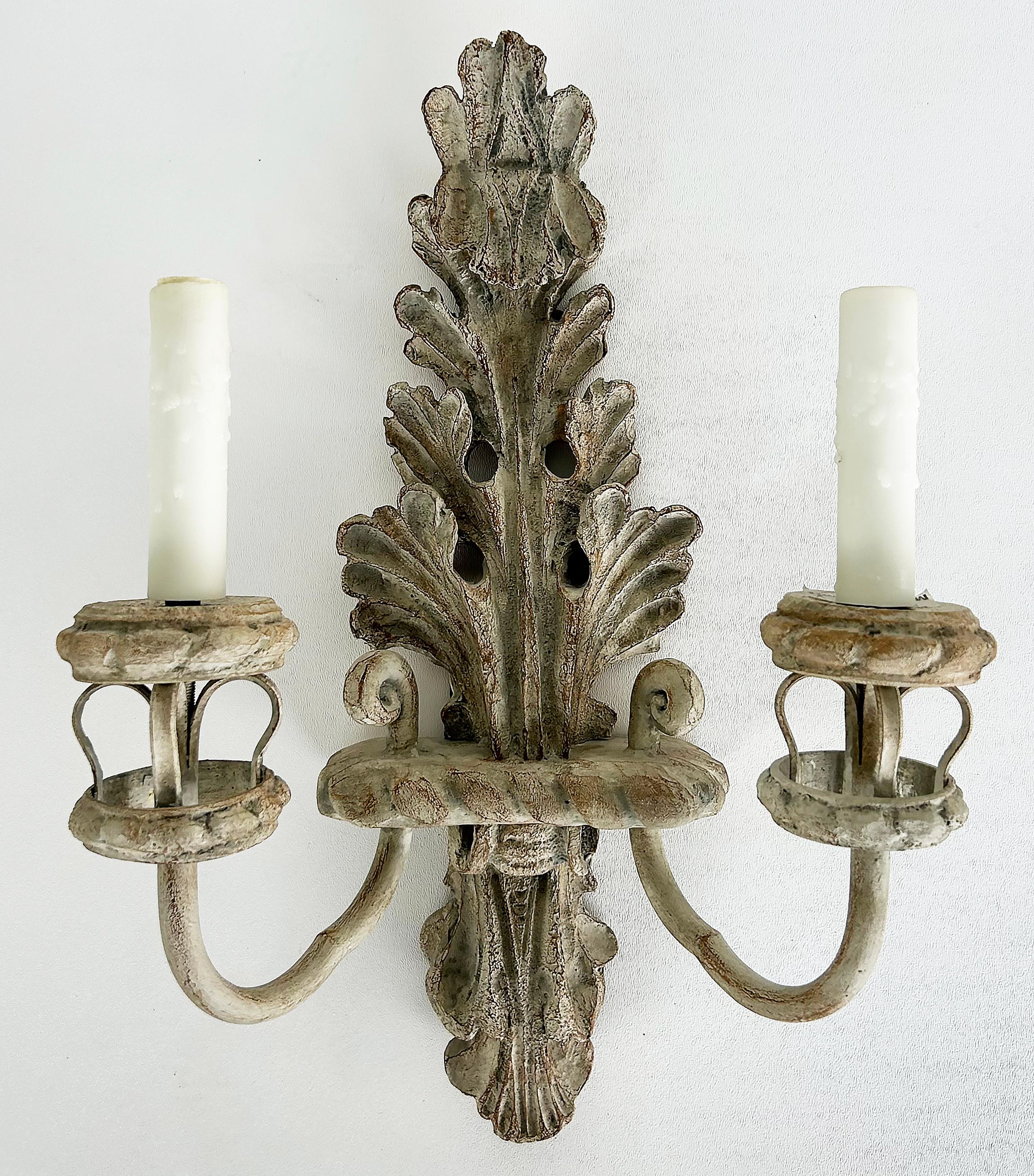 Nierman Weeks Faux Wood Acanthus Leaf Scones for Luminaire, 2 Pairs Available

Offered f or sale are 2 pairs of faux wood French antique style wall sconces by Nierman Weeks. The sconces have acanthus leaf motifs and are done in a French Country