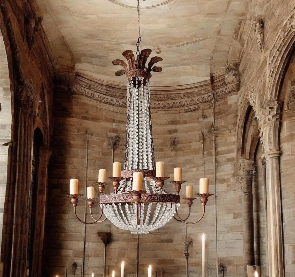Louis XVI Lustre Niermann Weeks à 12 feux en cristal et fer forgé en vente