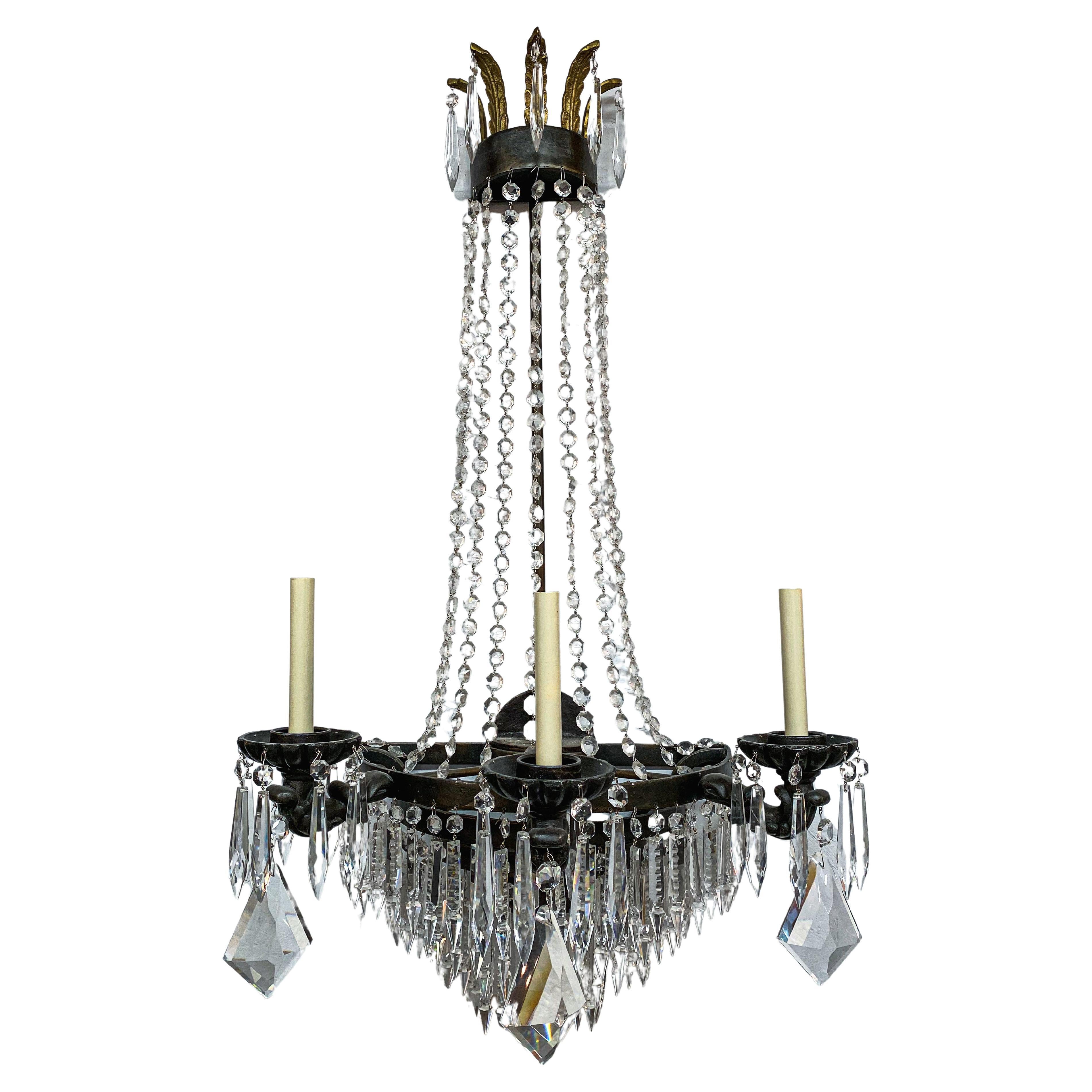 Niermann Weeks Empire Style Large Crystals and Metal Wall Sconce or Lantern  For Sale