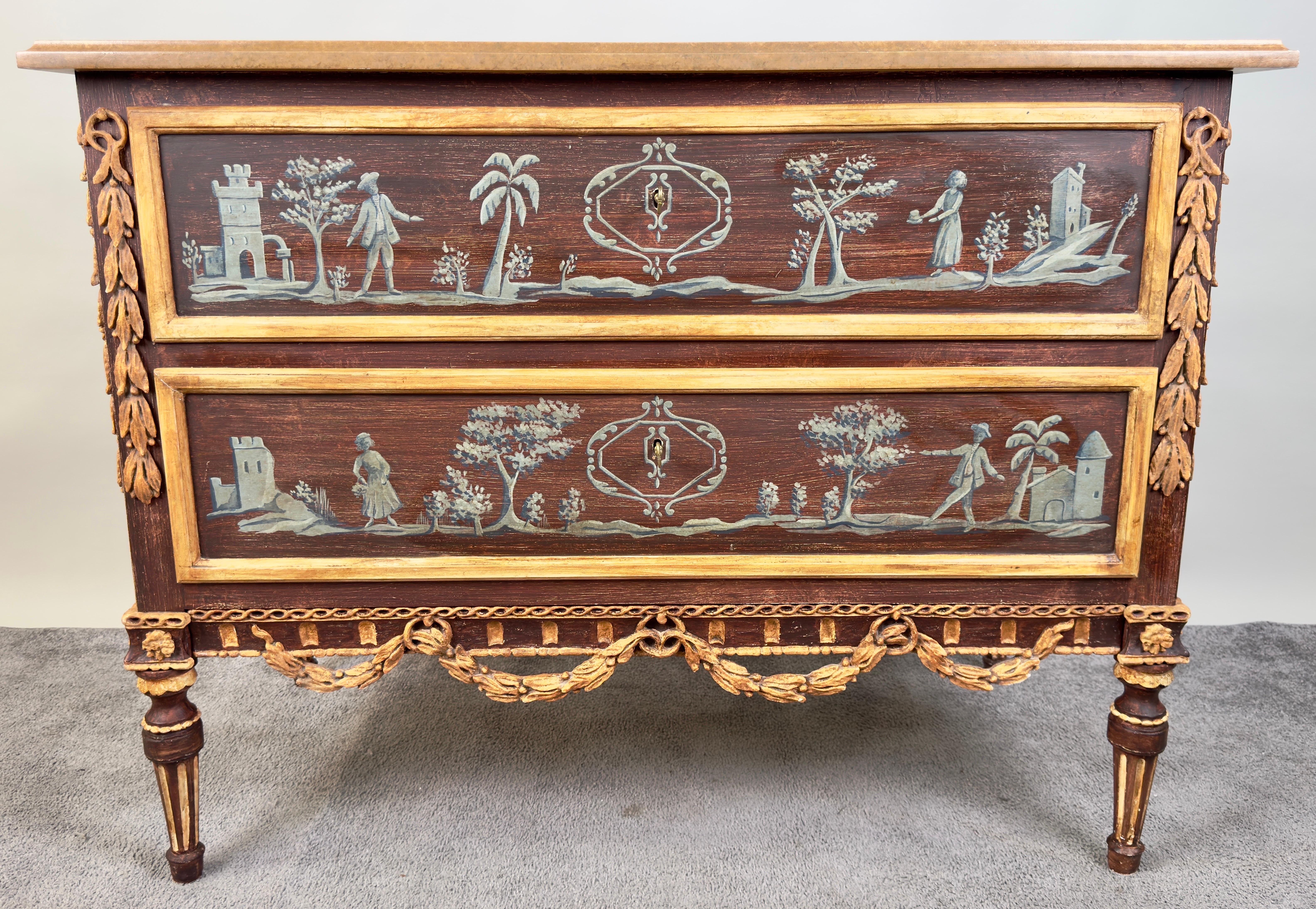 

An Italian renaissance style hand painted two-drawer chest with a faux marble top, an exceptional creation by Niermann Weeks. This exquisite piece features a rectangular molded top that gracefully sits above a conforming case, meticulously fitted