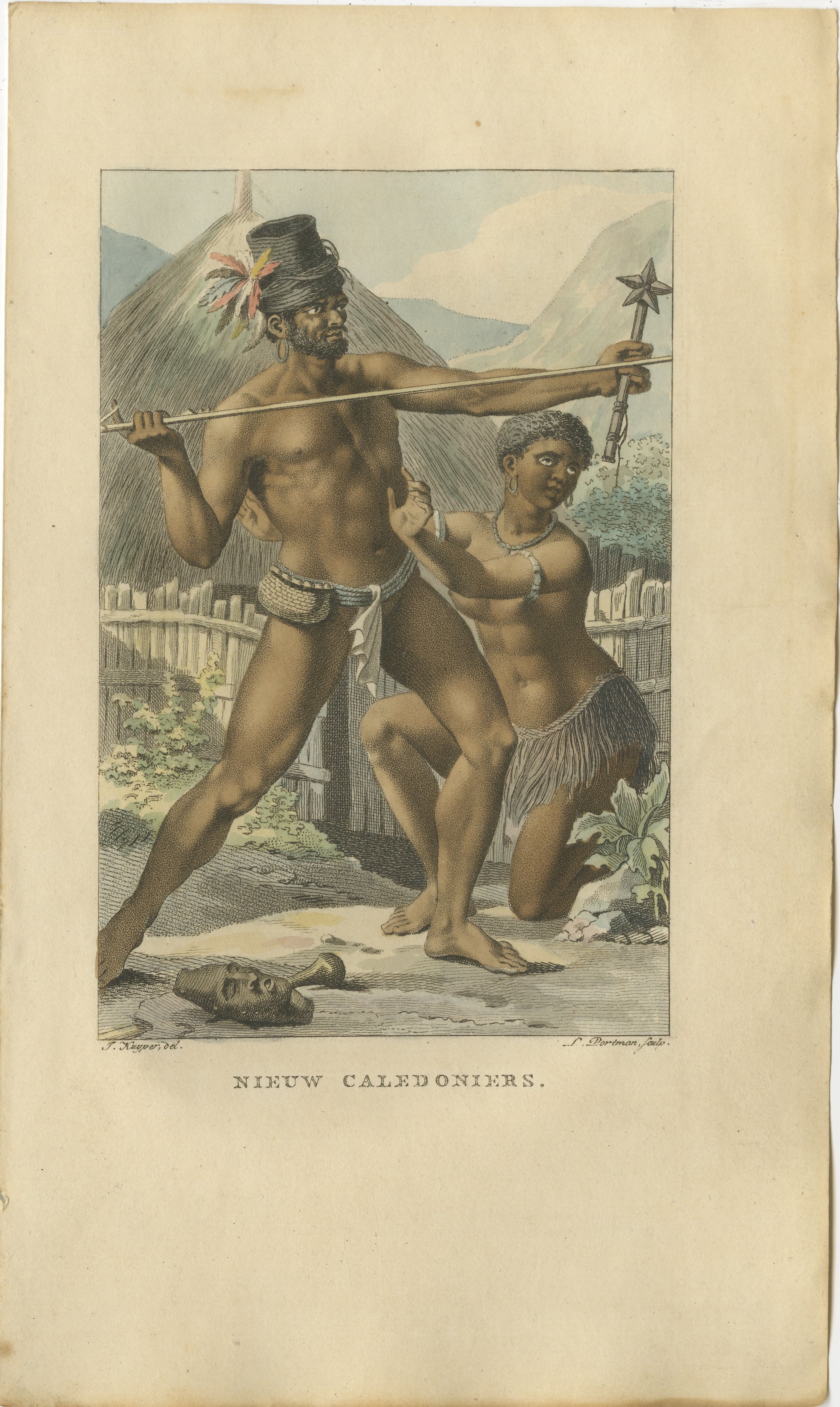 Nieuw Caledoniers – Antique Hand-Colored Ethnographic Engraving (1800s)
