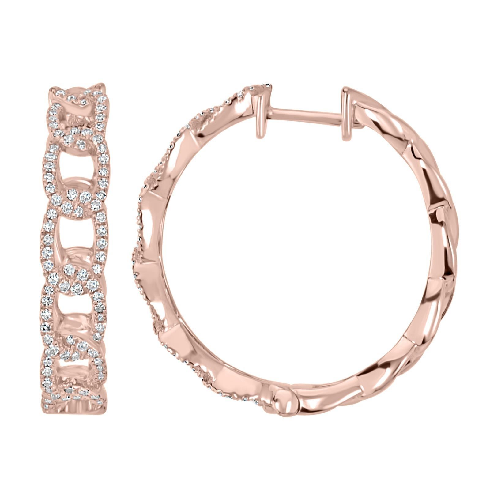 Make a bold statement with these stunning 0.45 Cttw Chain Link Diamond Hoop Earrings. Crafted from high-quality 18K rose gold, these unique earrings feature a captivating chain-link design adorned with sparkling round diamonds. Each diamond boasts a