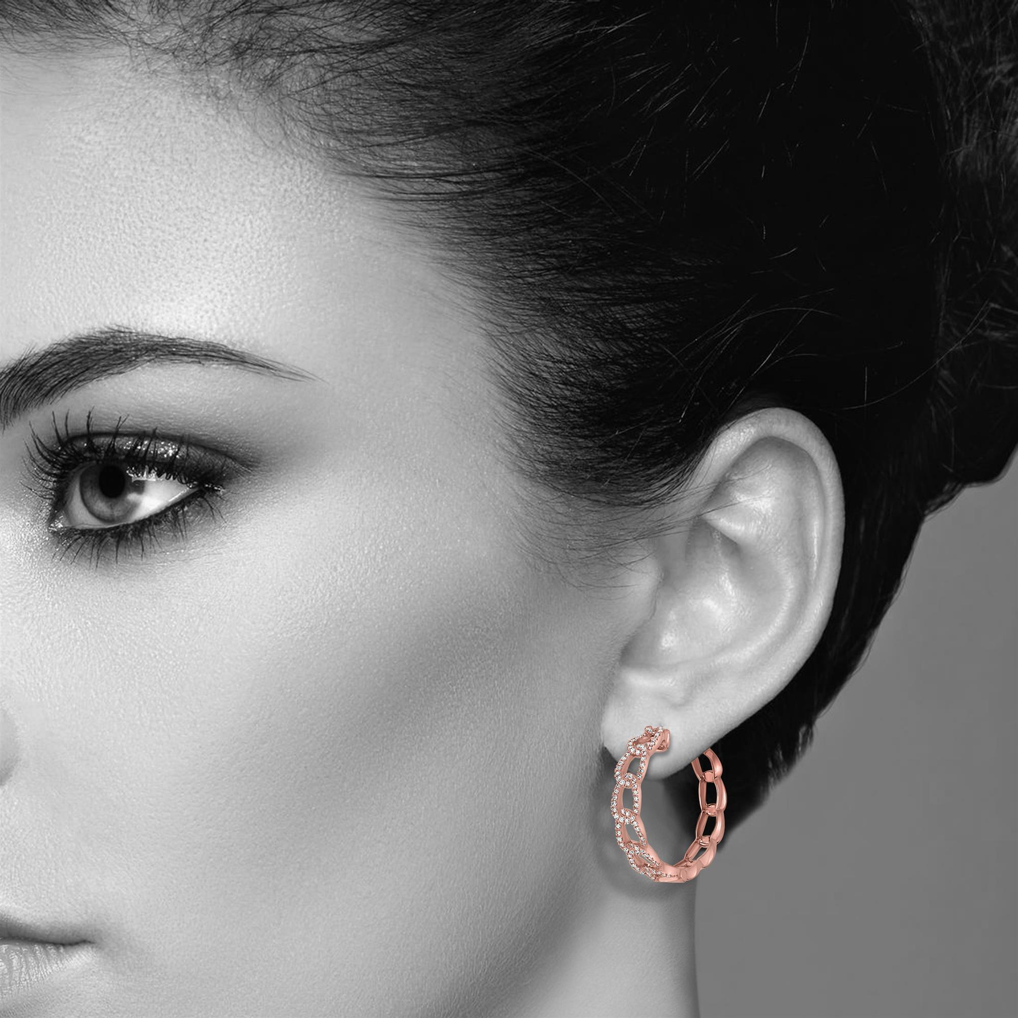 Contemporary Luxle 0.45 Cttw Chain Link Natural Diamond Hoop Earrings in 18K Rose Gold For Sale