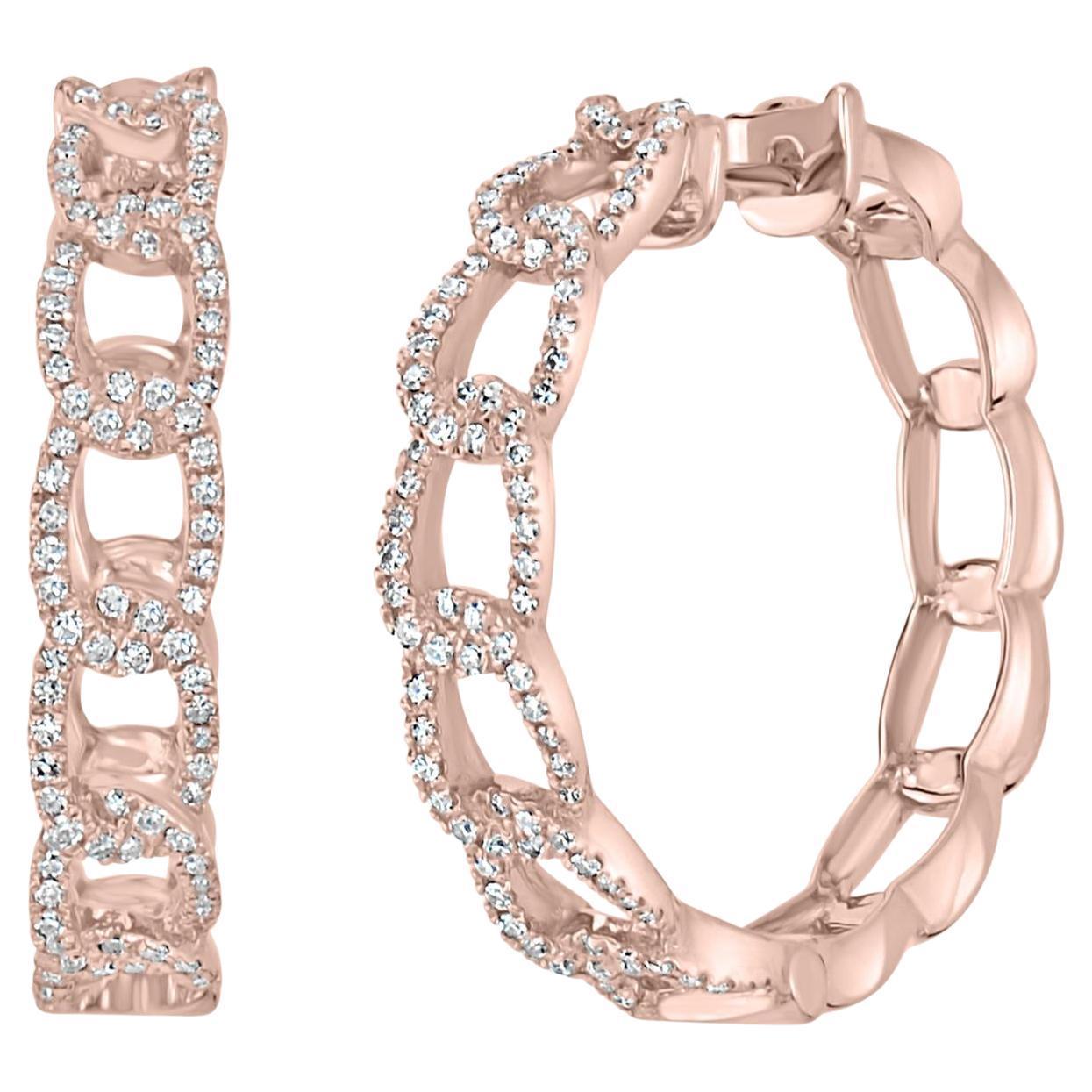 Round Cut Luxle 0.45 Cttw Chain Link Natural Diamond Hoop Earrings in 18K Rose Gold For Sale