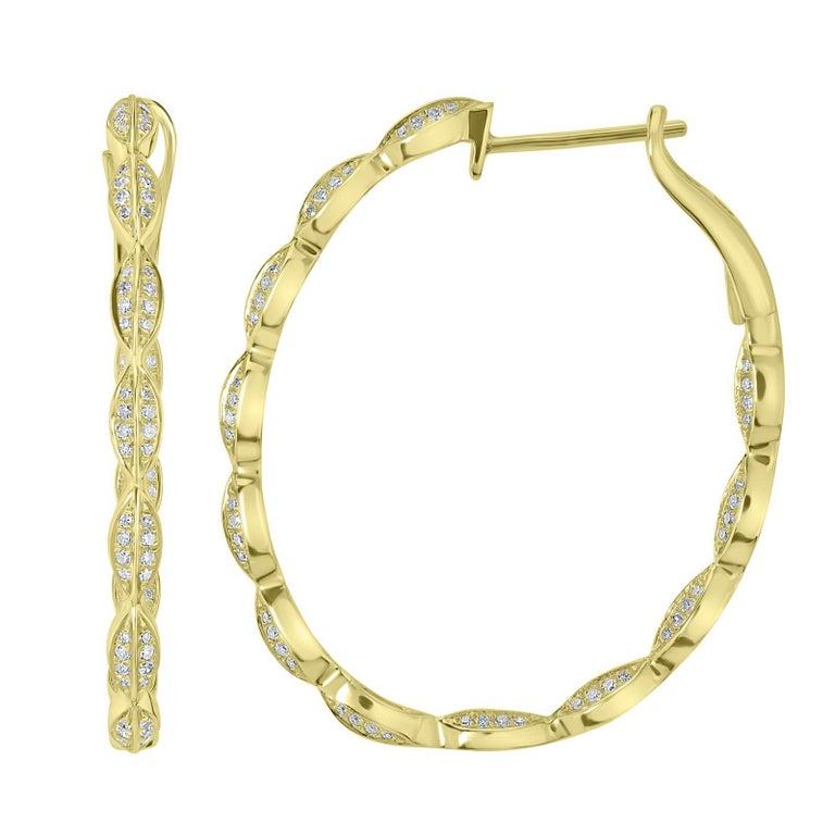 Round Cut Nigaam 0.55 Cttw Leaf Natural Diamond Hoop Earrings in 14K Yellow Gold For Sale
