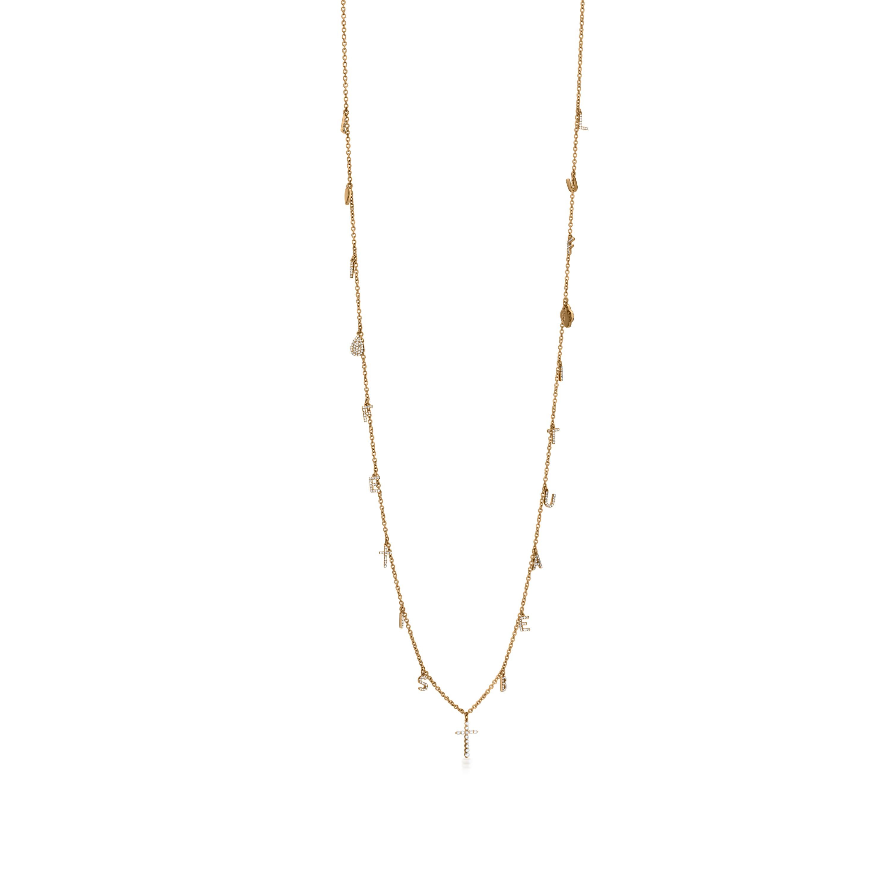 Express your faith with this beautiful diamond cross necklace. Crafted in 18K yellow gold, this exquisite piece features a cable chain measuring 30 Inches in length, adorned with charms in stationed format that spell out 