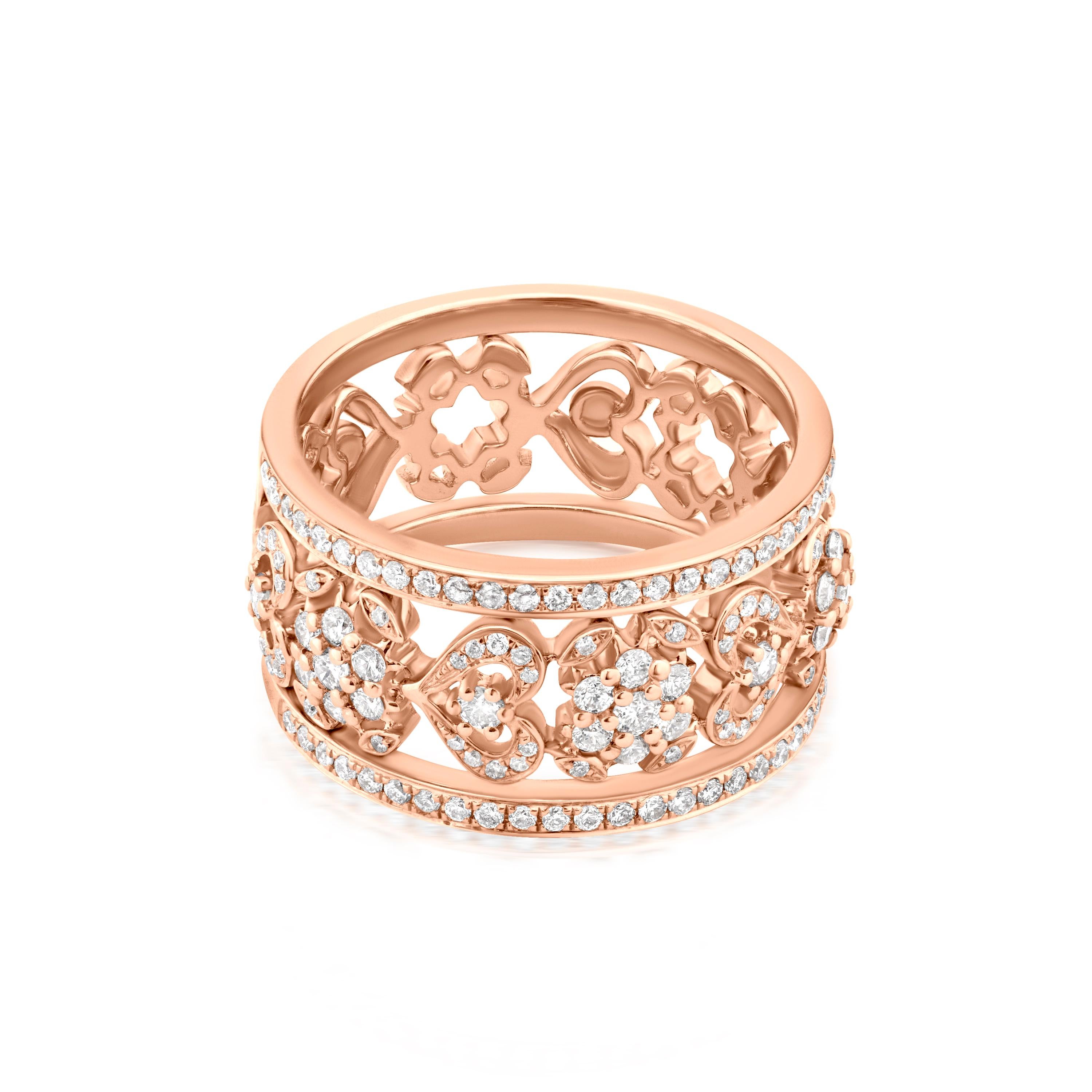 Elevate your style with this stunning trio of diamond band rings. Crafted in 18K rose gold, these rings feature a variety of delicate designs, including a filigree pattern adorned with sparkling diamonds and two simple bands with diamond accents.