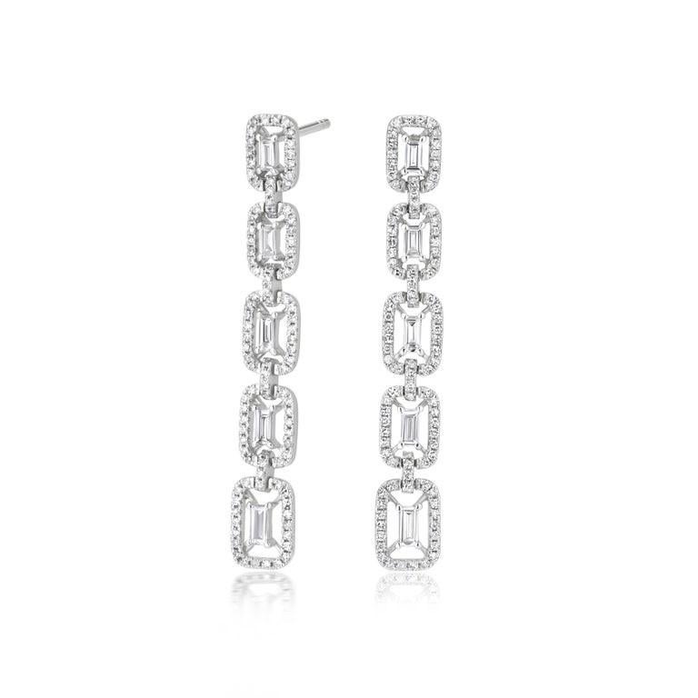 Baguette Cut Nigaam 0.90 Cttw. Natural Diamond Drop Earrings in 14K White Gold For Sale