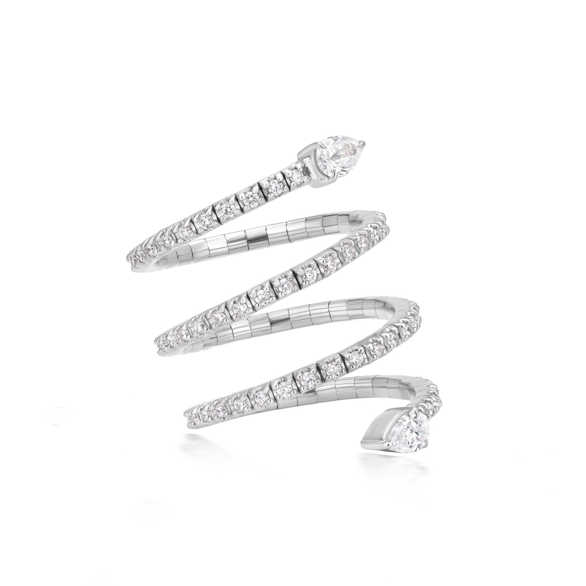 Make a bold statement with this eye-catching diamond cocktail ring, expertly crafted in 18K white gold. Featuring a stylish bypass wrap design, this ring showcases a striking spiral pattern adorned with shimmering round-cut diamonds. The elegant