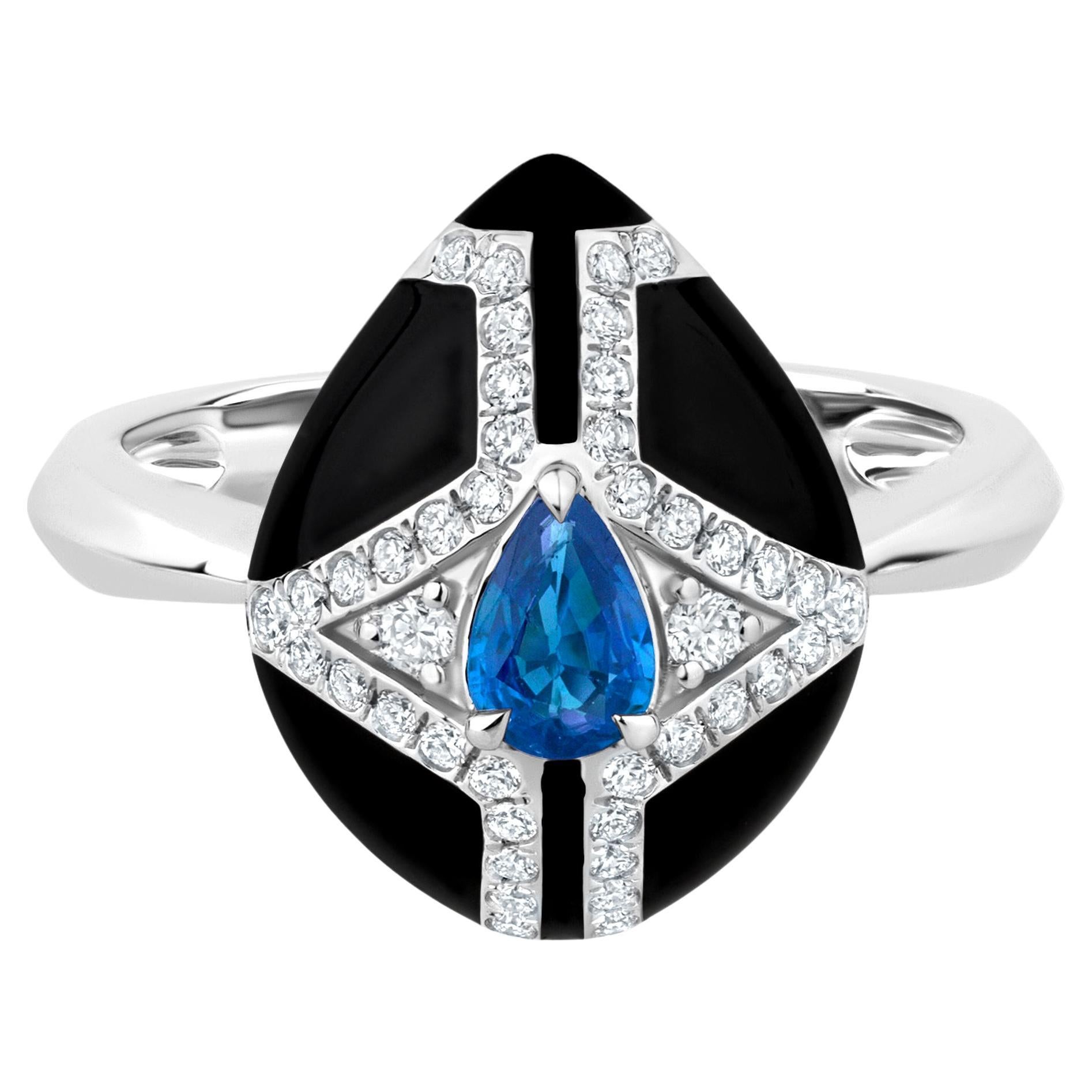 Nigaam 0.88 Cts. Sapphire & VS Diamond Shield Ring Size 7 in 18k White Gold