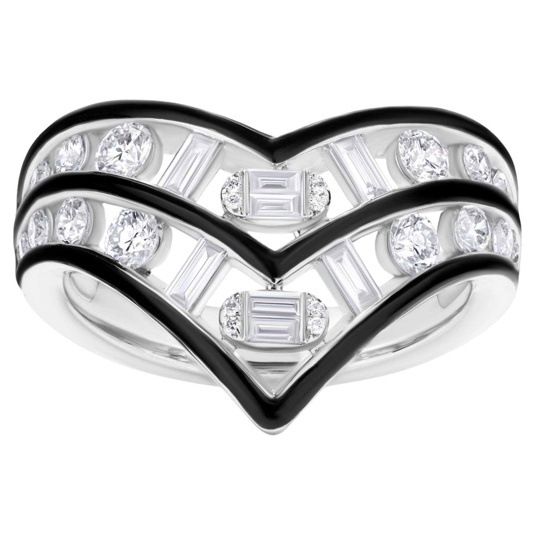 Nigaam 0.93Cttw. Bague Chevron diamant et émail noir en or blanc 18 carats, taille 7