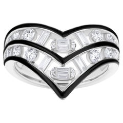 Nigaam 0.93Cttw. Diamond & Black Enamel Chevron Ring Size 7 in 18K White Gold