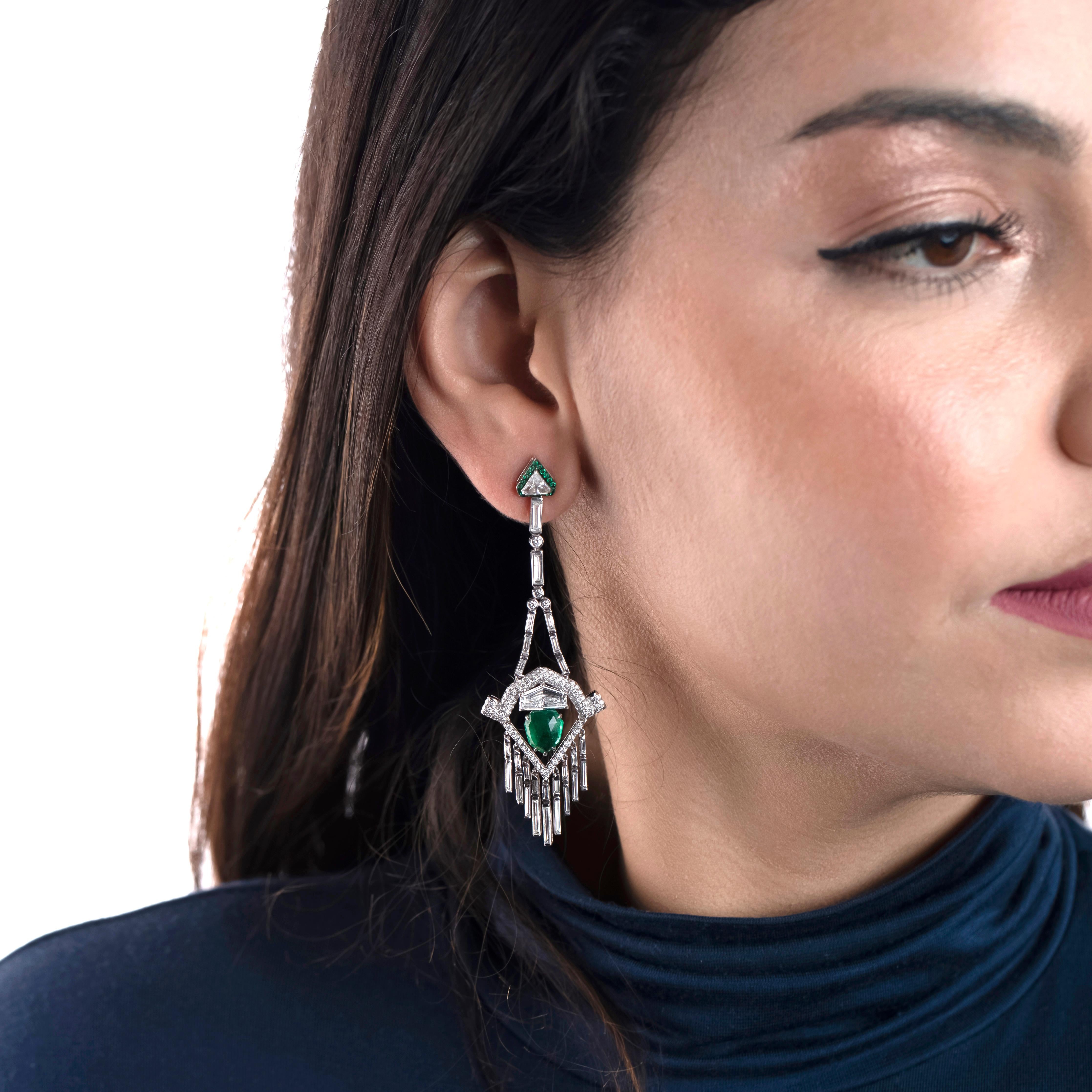 Contemporary Nigaam 10.07cttw Emerald & Diamond Chandelier Dangle Earring in 18k White Gold For Sale