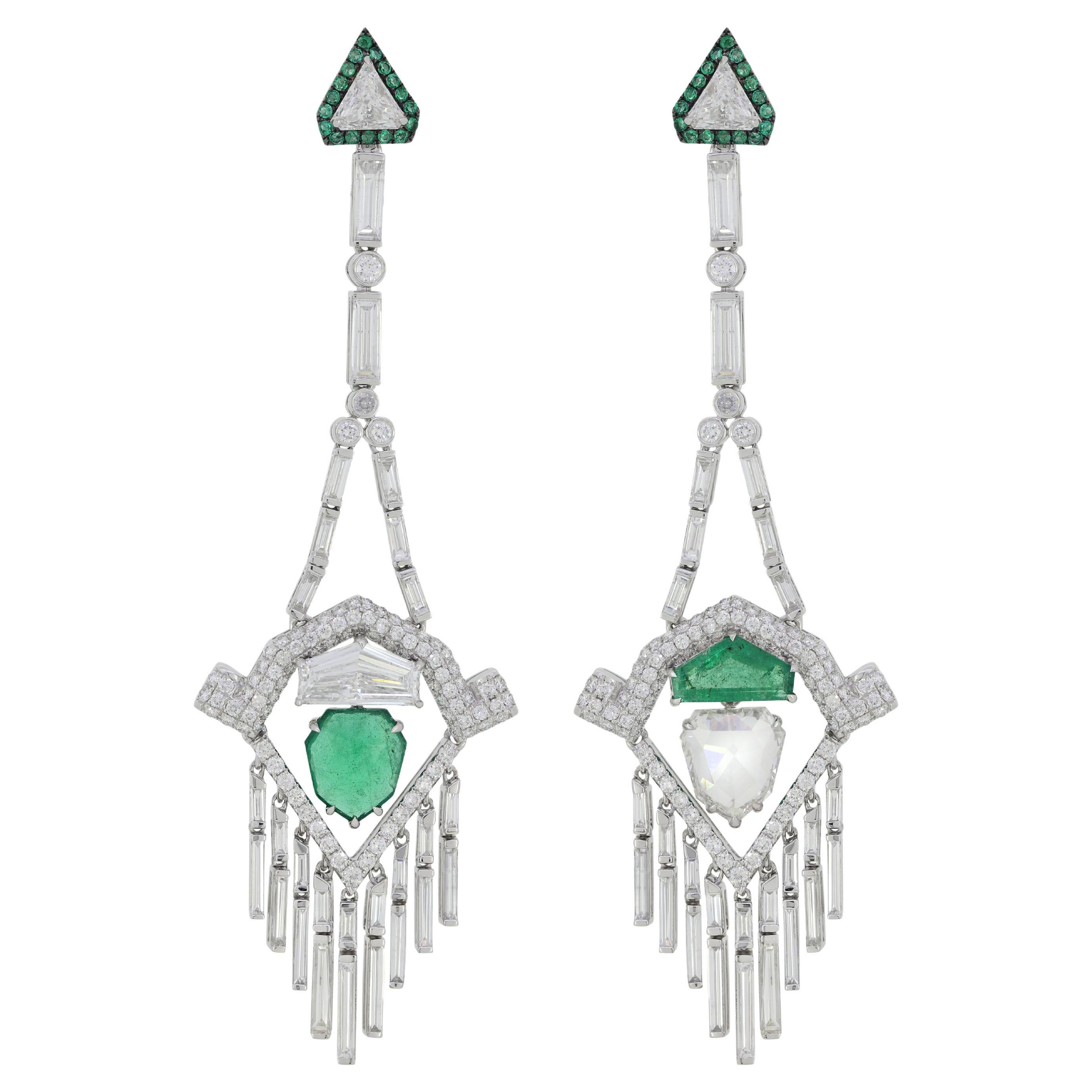 Nigaam 10.07cttw Emerald & Diamond Chandelier Dangle Earring in 18k White Gold