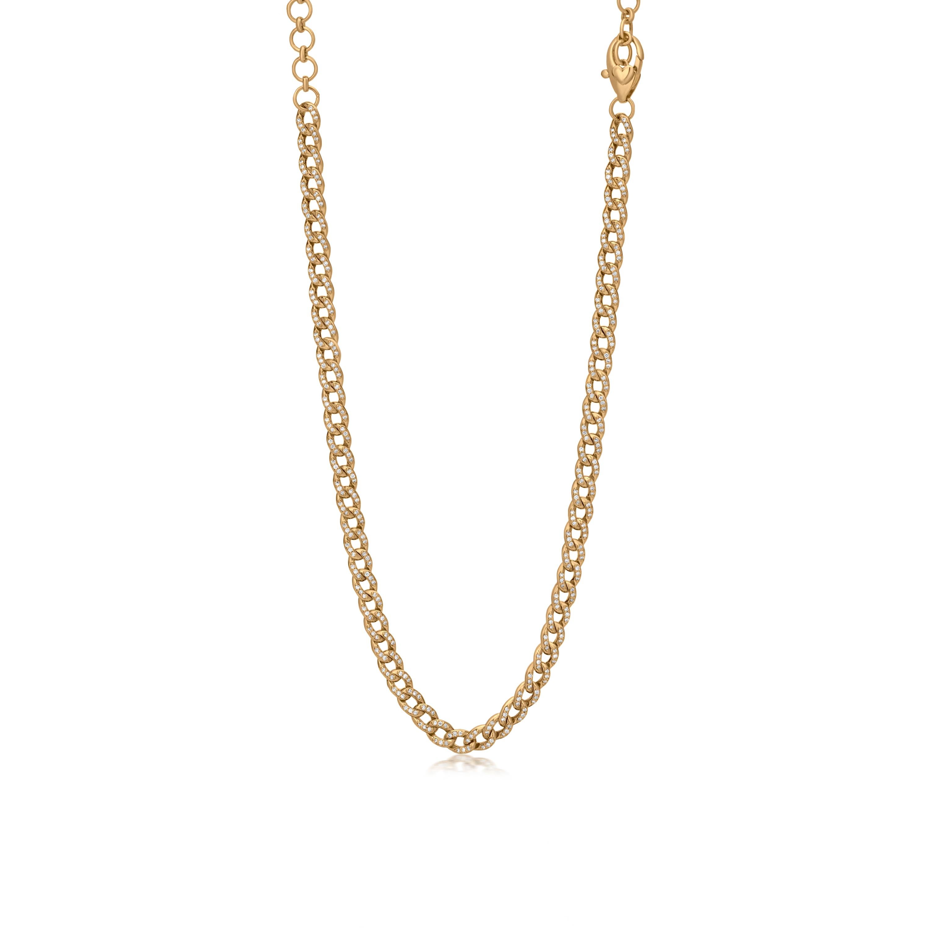 This Nigaam necklace features 18k yellow gold curb link chain. The yellow gold chain necklace is accentuated by prong set 1.45 Ct. T.W. round brilliant diamonds over it and enclosed by a lobster clasp with a signature design. The diamonds are I1 in