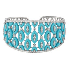 Nigaam 14.7cts. Turquoise and 4.1cts, Diamond Cuff Bangle in 18k in White Gold