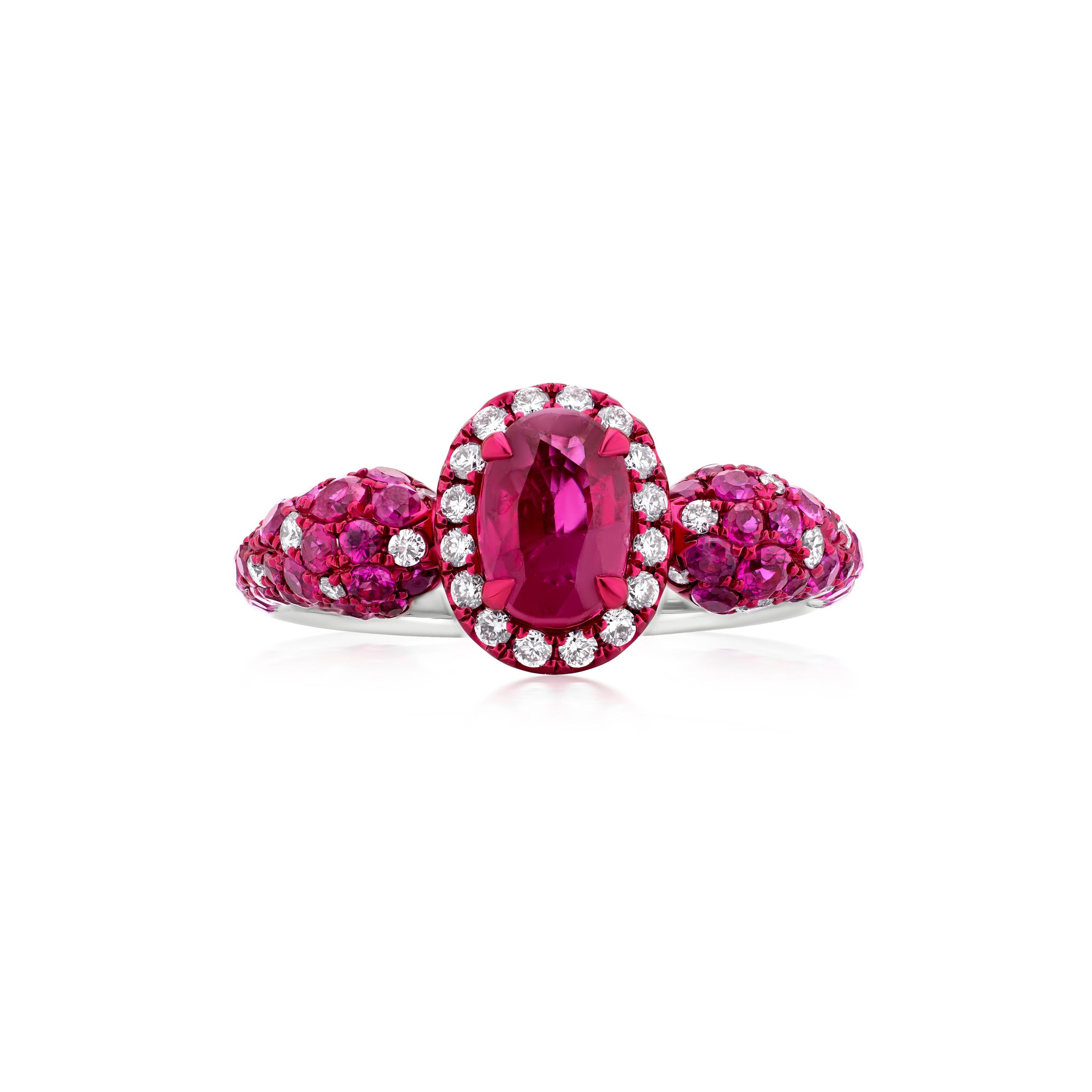 Nigaam 1.7Cts. Ruby and Diamond Crimson Halo Ring Size 7 in 18K White Gold