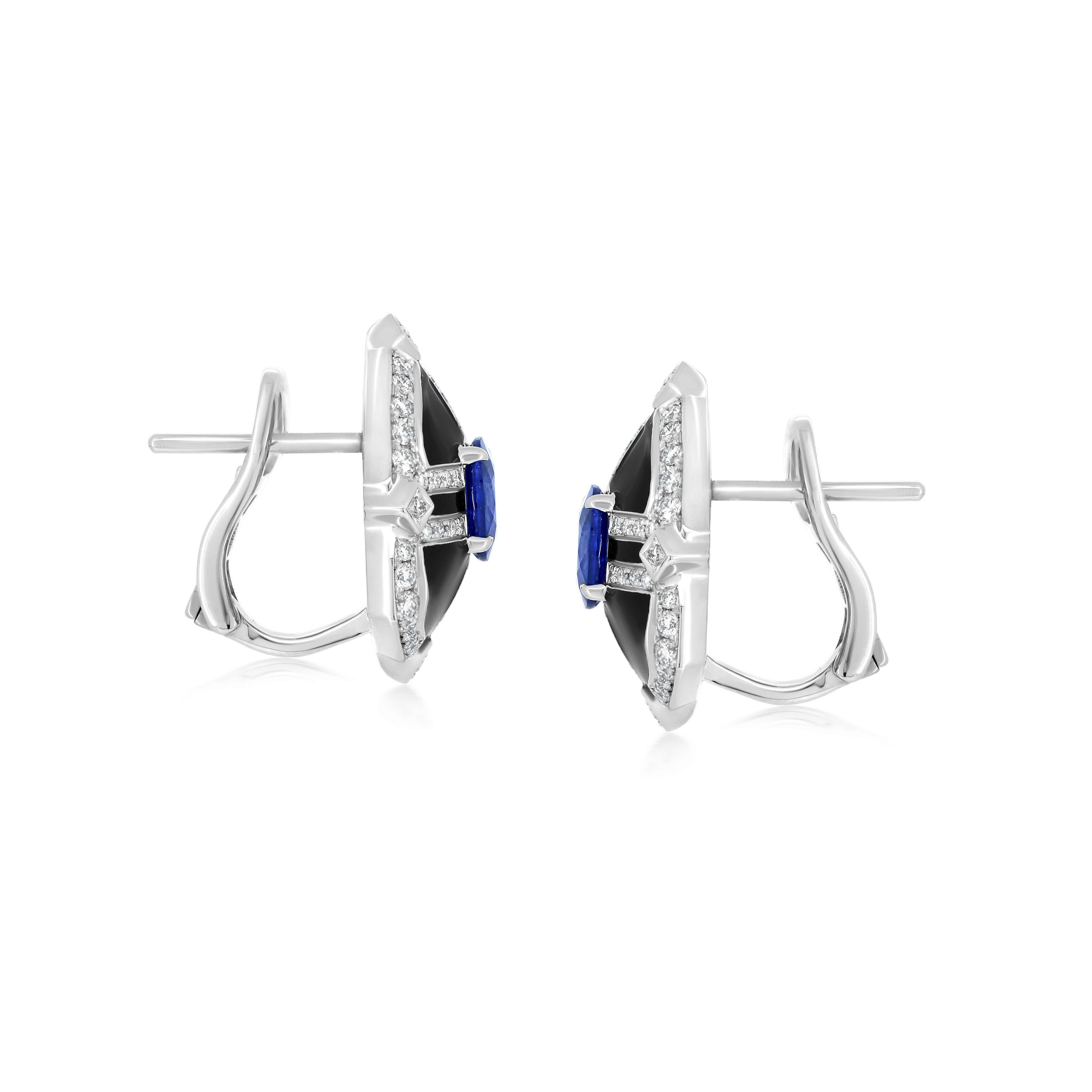 Art Deco Nigaam 1.6 Ctw. Sapphire & Diamond Shield Stud Earrings in 18k White Gold For Sale