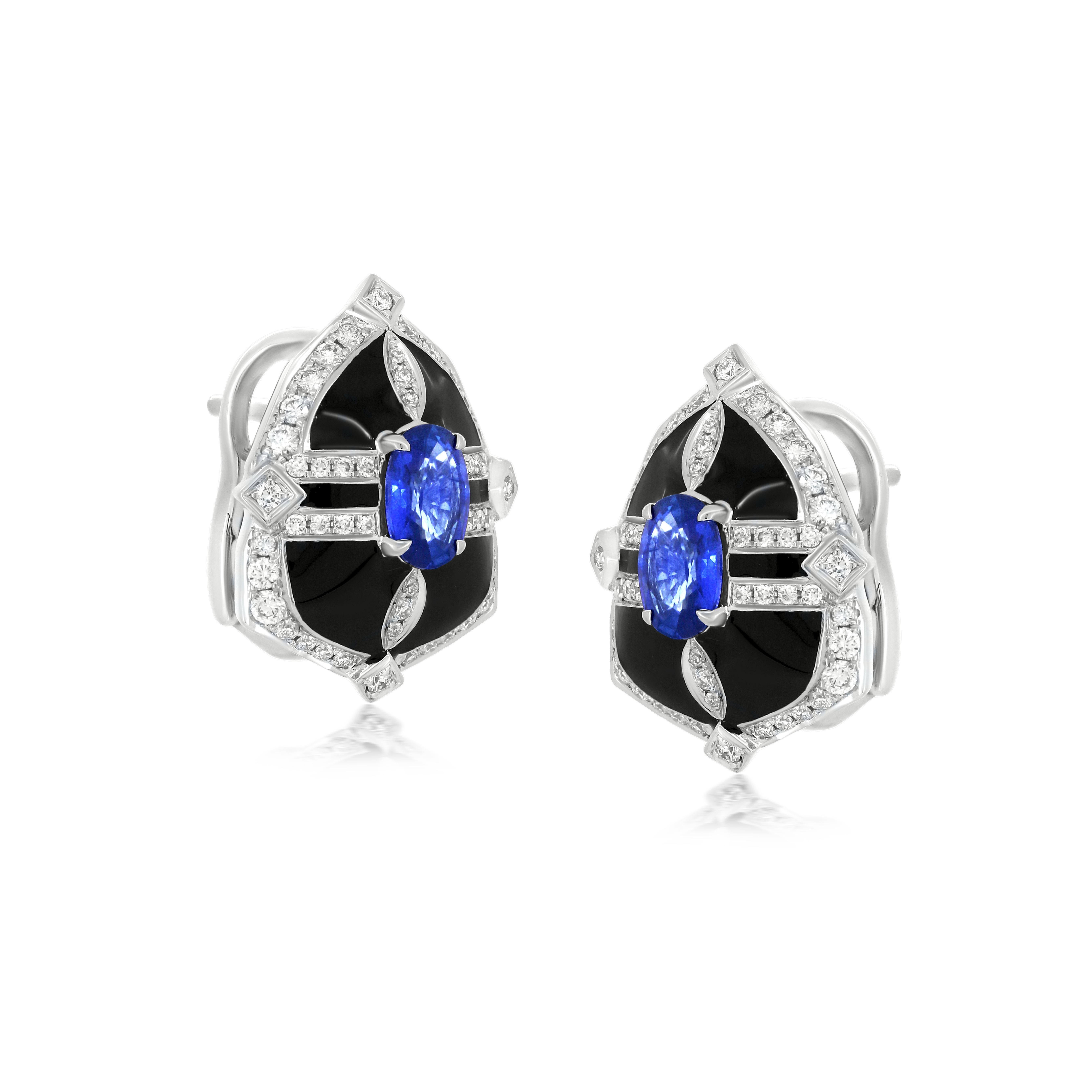 Round Cut Nigaam 1.6 Ctw. Sapphire & Diamond Shield Stud Earrings in 18k White Gold For Sale