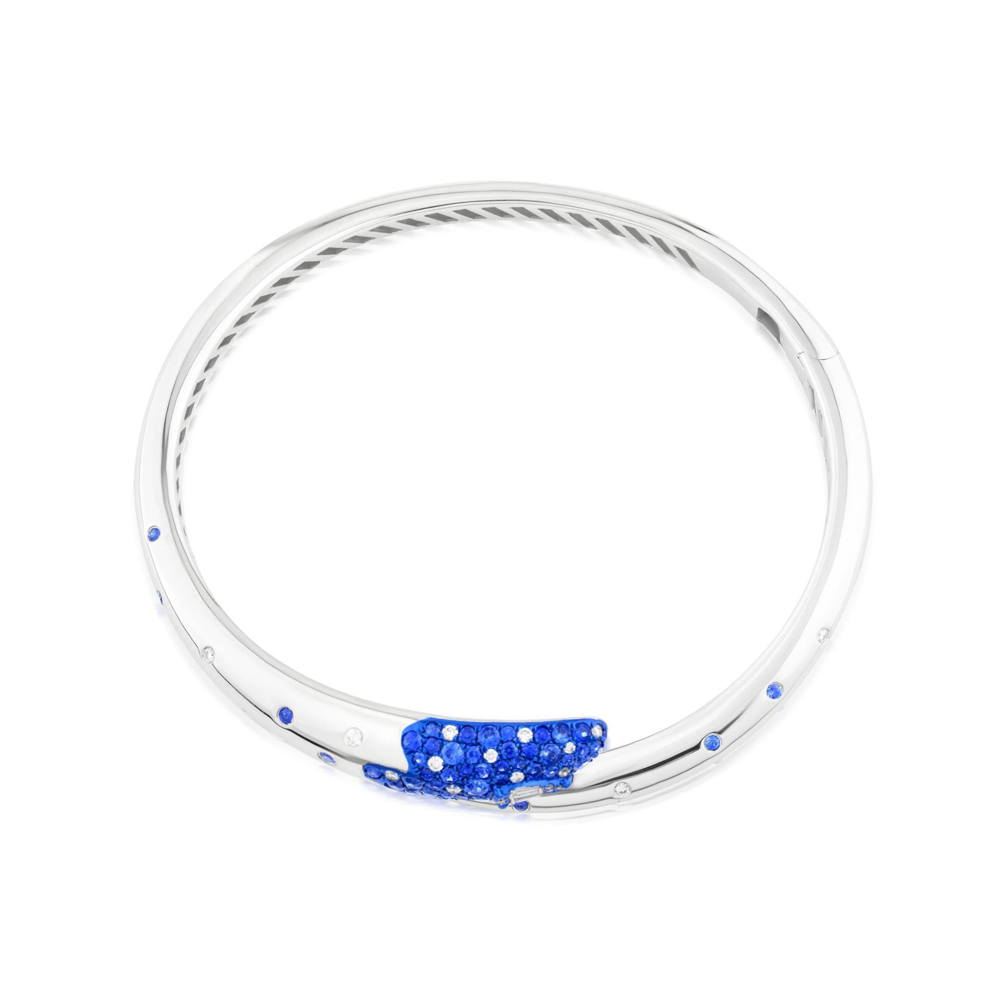 Contemporary Nigaam 1.92Cttw. Sapphire and Diamond Serpentine Cuff Bracelet in 18K White Gold For Sale